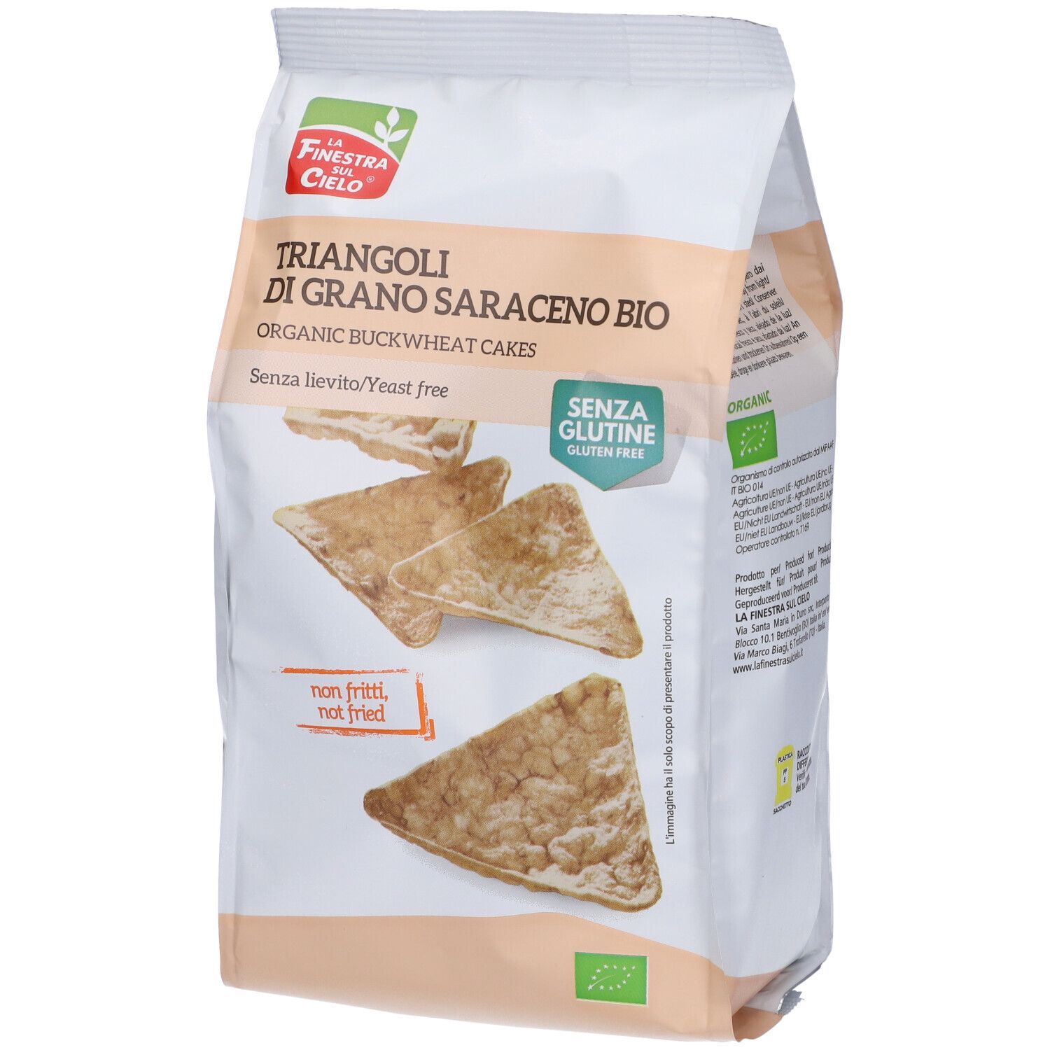 Confezione di gallette di grano saraceno bio triangolari. Sigillo senza glutine. Scritta: Triangoli di Grano Saraceno Bio.