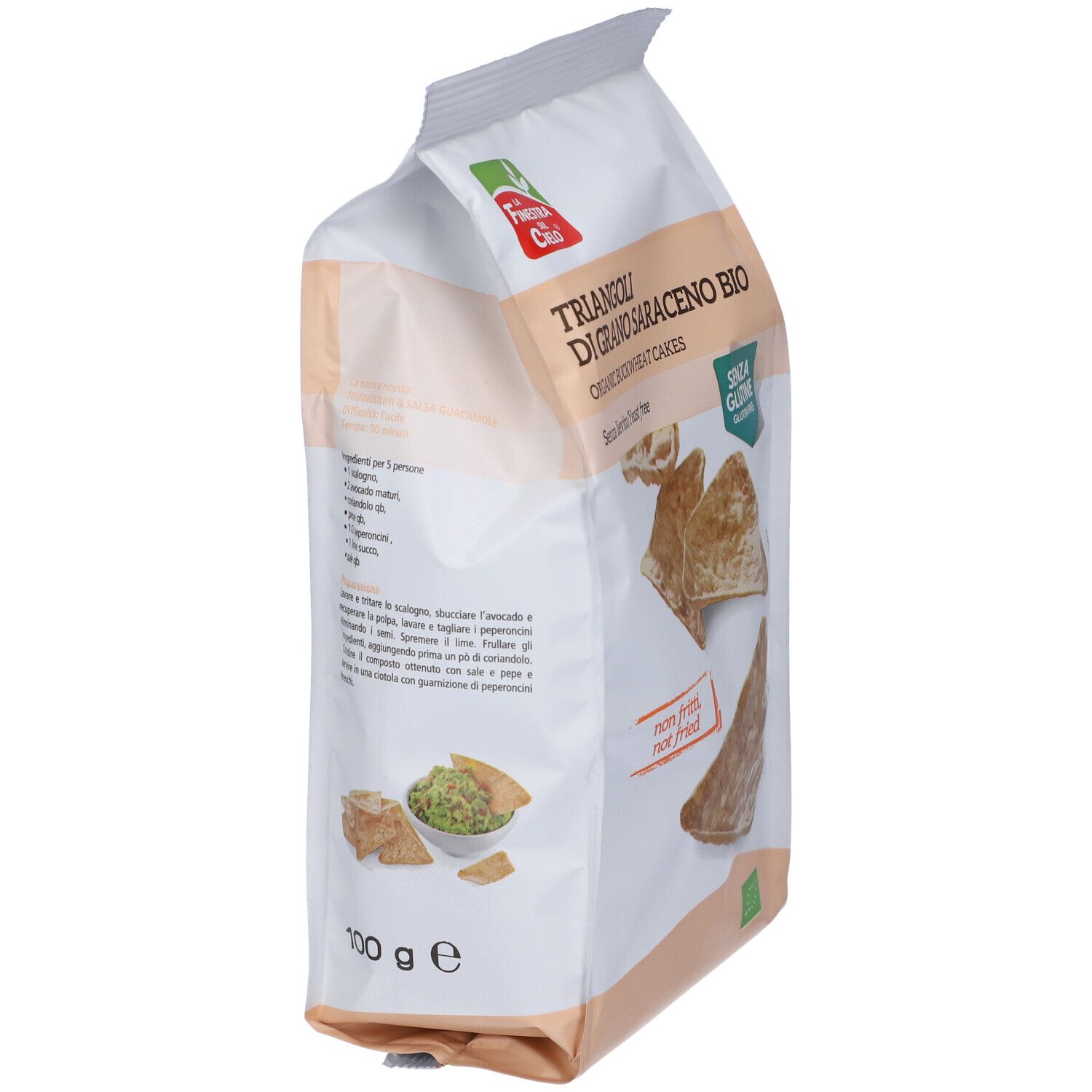Confezione di gallette di grano saraceno bio triangolari. Sigillo senza glutine. Scritta: Triangoli di Grano Saraceno Bio.