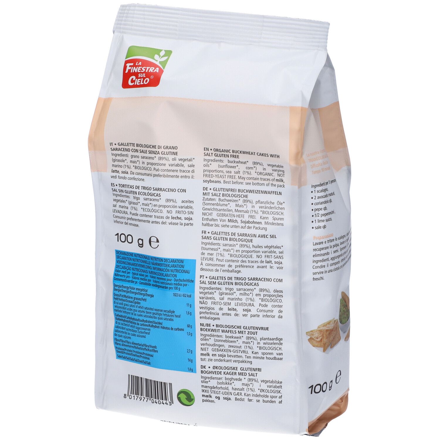 Retro della confezione di gallette di grano saraceno bio triangolari. Contiene informazioni nutrizionali e certificazioni.