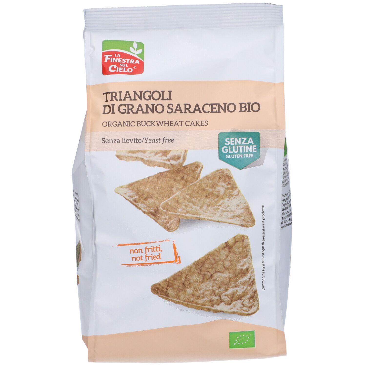 Confezione di gallette di grano saraceno bio triangolari. Sigillo senza glutine. Scritta: Triangoli di Grano Saraceno Bio.