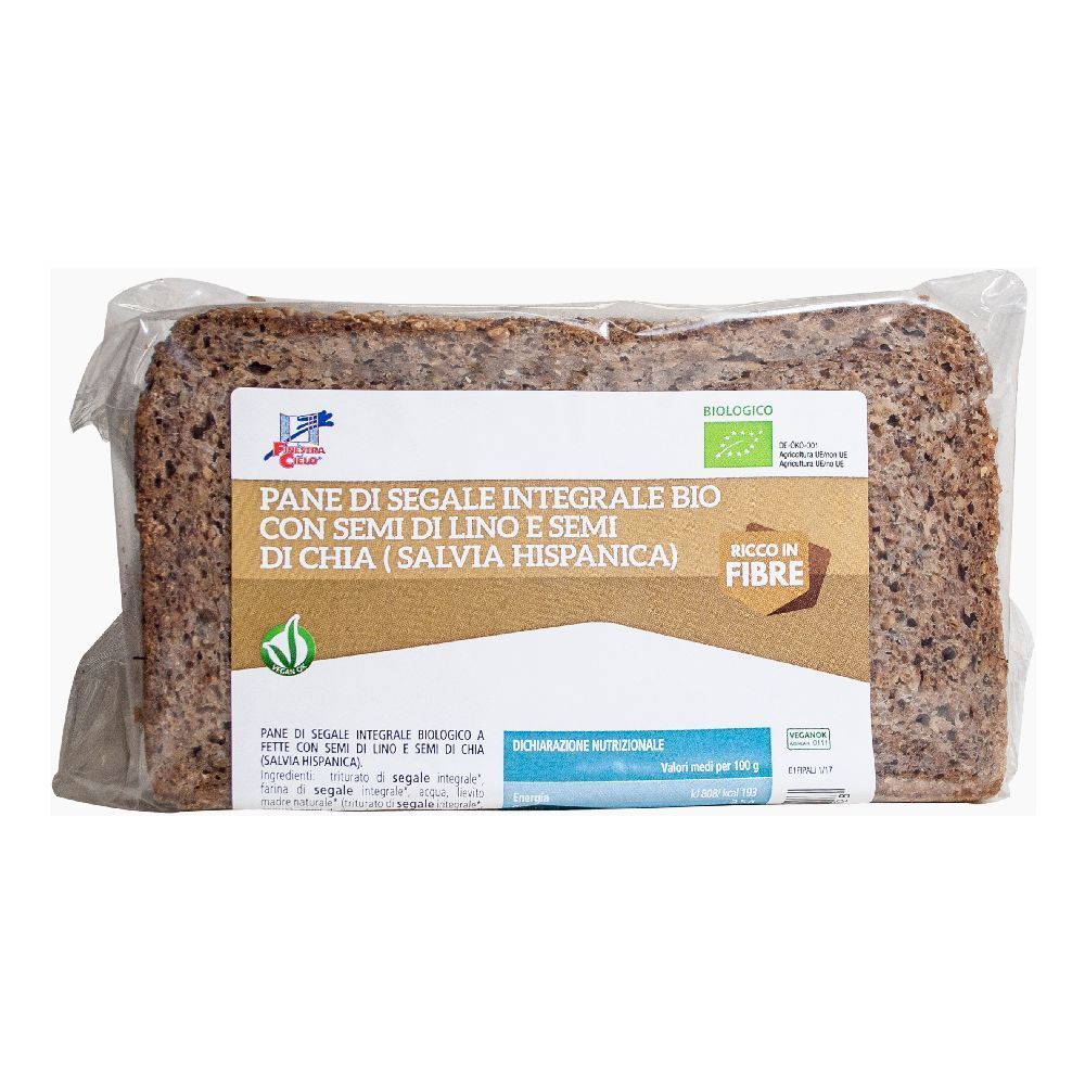 Pane di segale integrale con semi di lino e chia, confezionato. Etichetta con informazioni e marchio biologico.