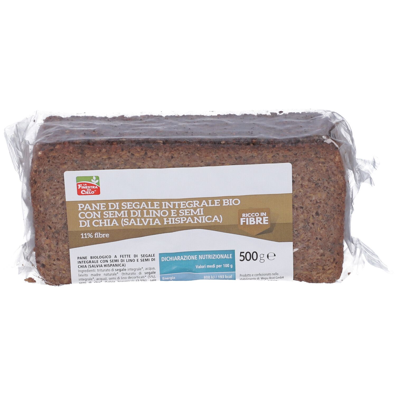 Pane di segale integrale con semi di lino e chia, confezionato. Etichetta con informazioni e peso di 500g.