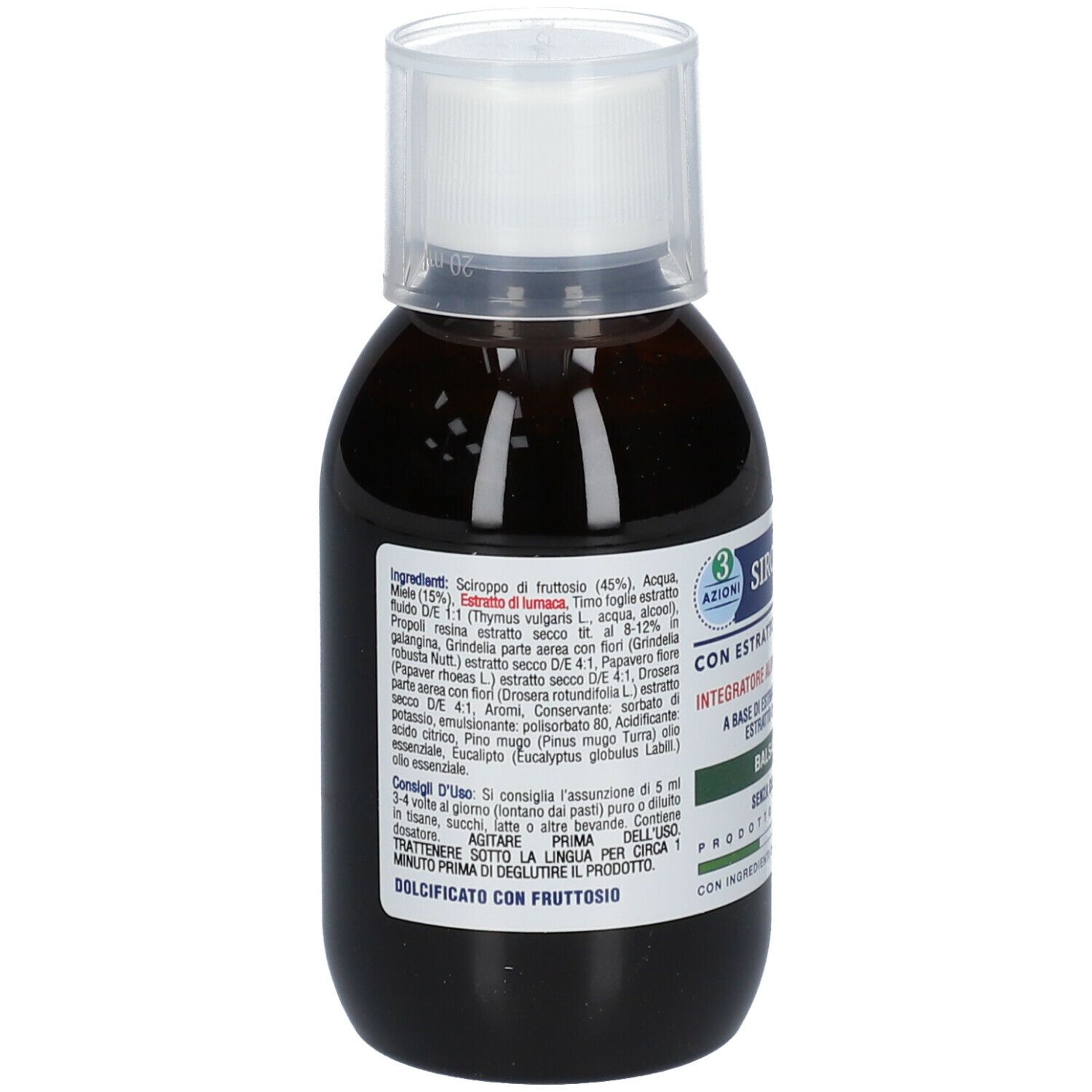 Flacone marrone con tappo bianco. Scritta: SIROMUCIL Balsamico. Con ingredienti e raccomandazioni per il dosaggio.