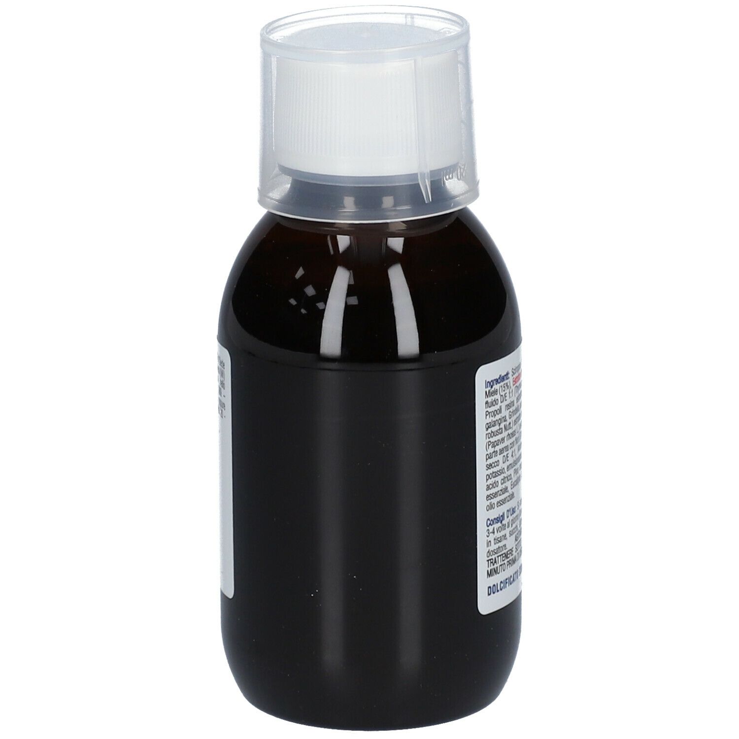 Flacone marrone con tappo bianco. Scritta: SIROMUCIL Balsamico. Con ingredienti e raccomandazioni per il dosaggio.