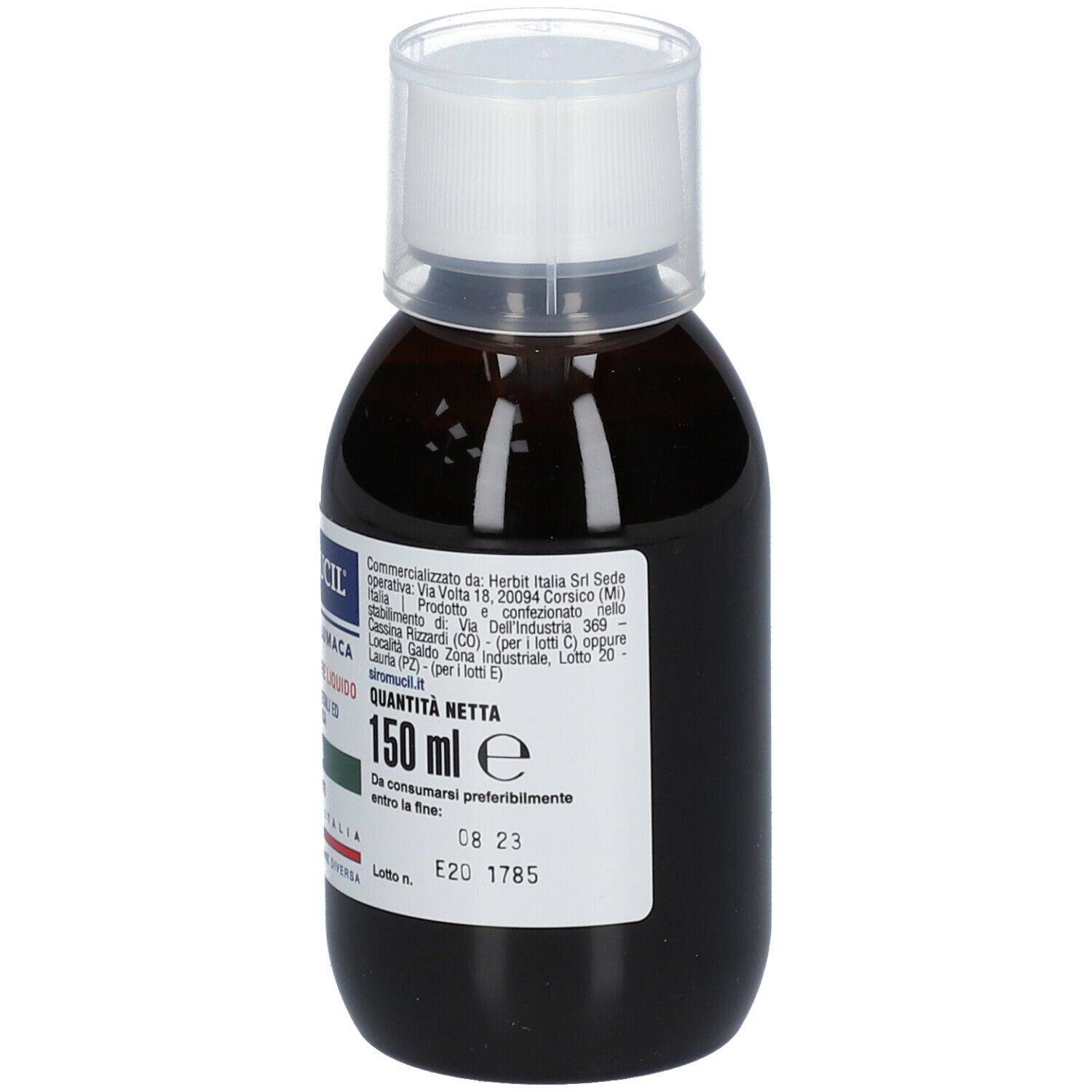 Flacone marrone con tappo bianco. Scritta: SIROMUCIL Balsamico, 150 ml. Con data di scadenza.