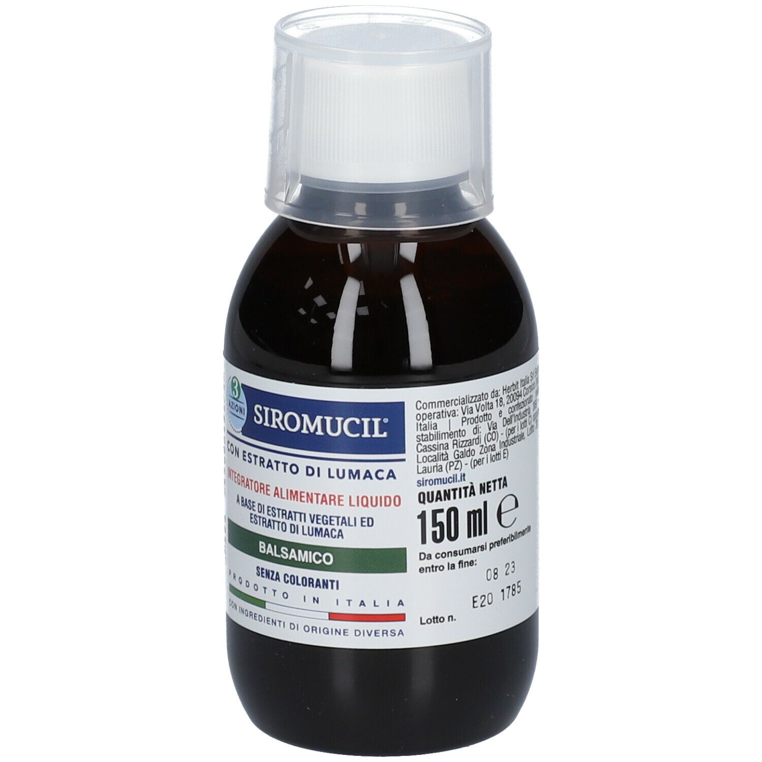 Flacone marrone con tappo bianco. Scritta: SIROMUCIL Balsamico, 150 ml. Con data di scadenza.