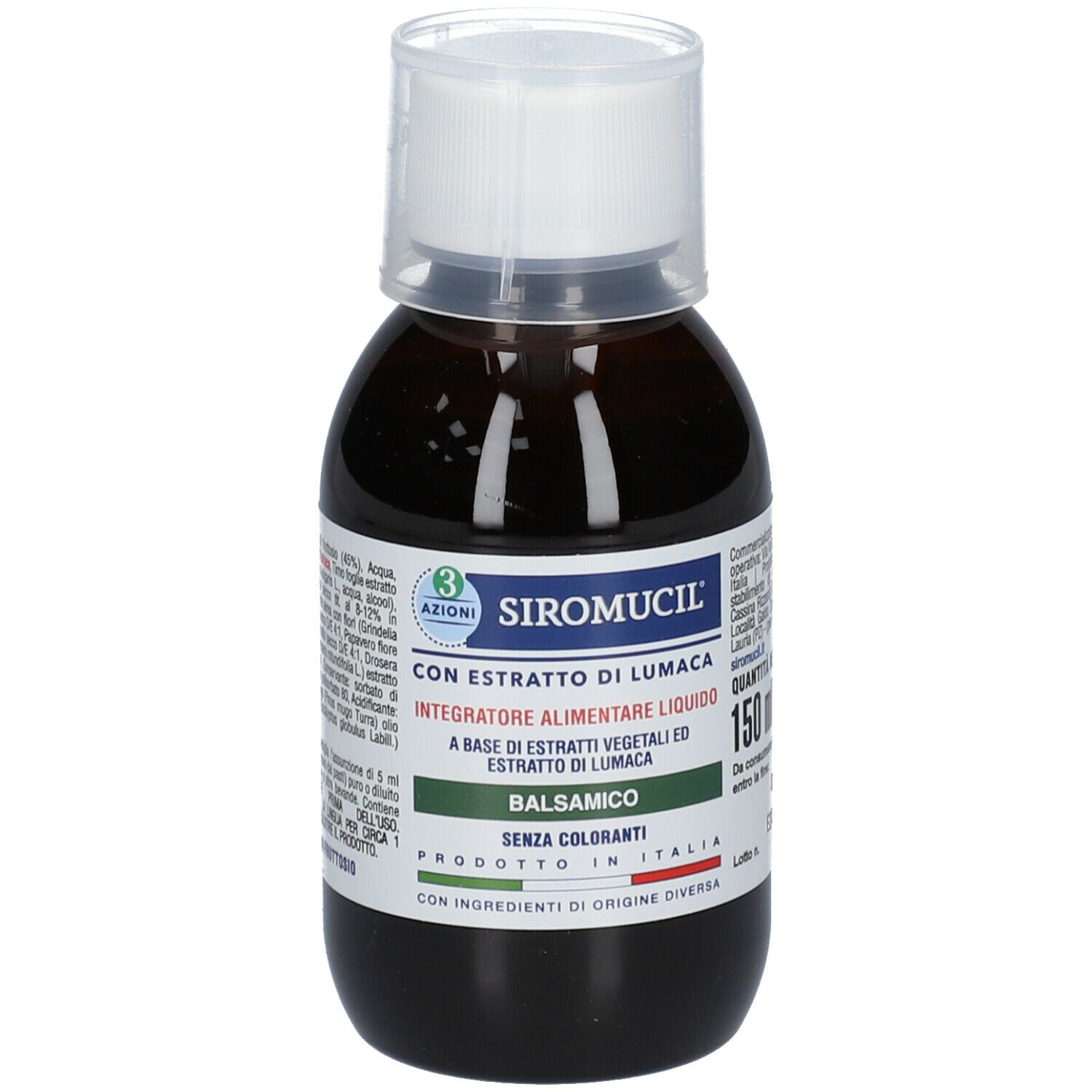 Flacone marrone con tappo bianco. Scritta: SIROMUCIL Balsamico, 150 ml. Con data di scadenza.