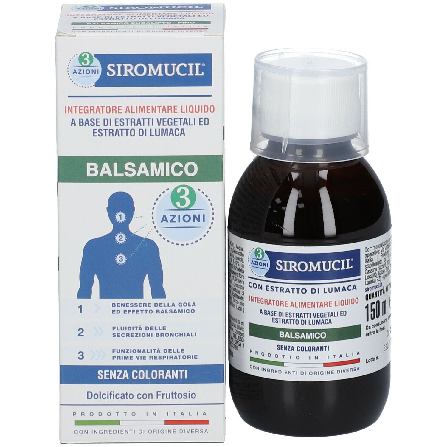 Flacone marrone con tappo bianco e scatola. Scritta: SIROMUCIL Balsamico, 150 ml. Con ingredienti.