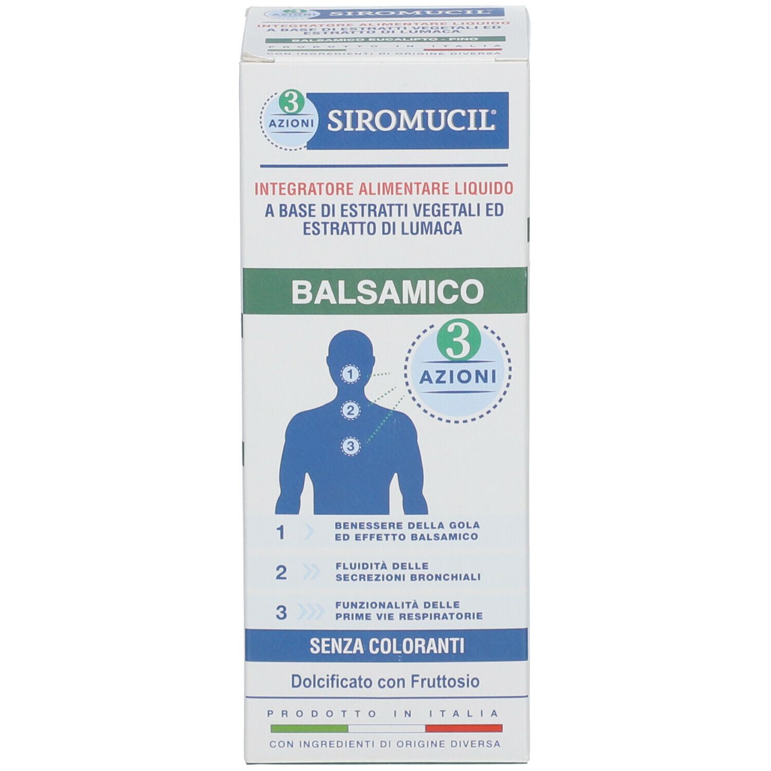 Scatola con scritta: SIROMUCIL Balsamico, 3 azioni. Con illustrazione e informazioni sul prodotto.
