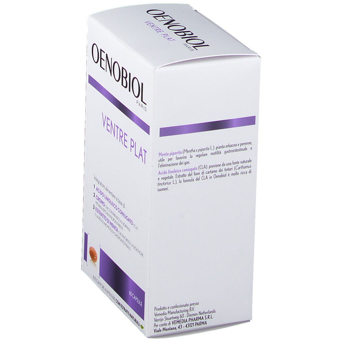 Scatola bianca inclinata con dettagli viola. Scritta OENOBIOL e VENTRE PLAT. Testo sul lato.