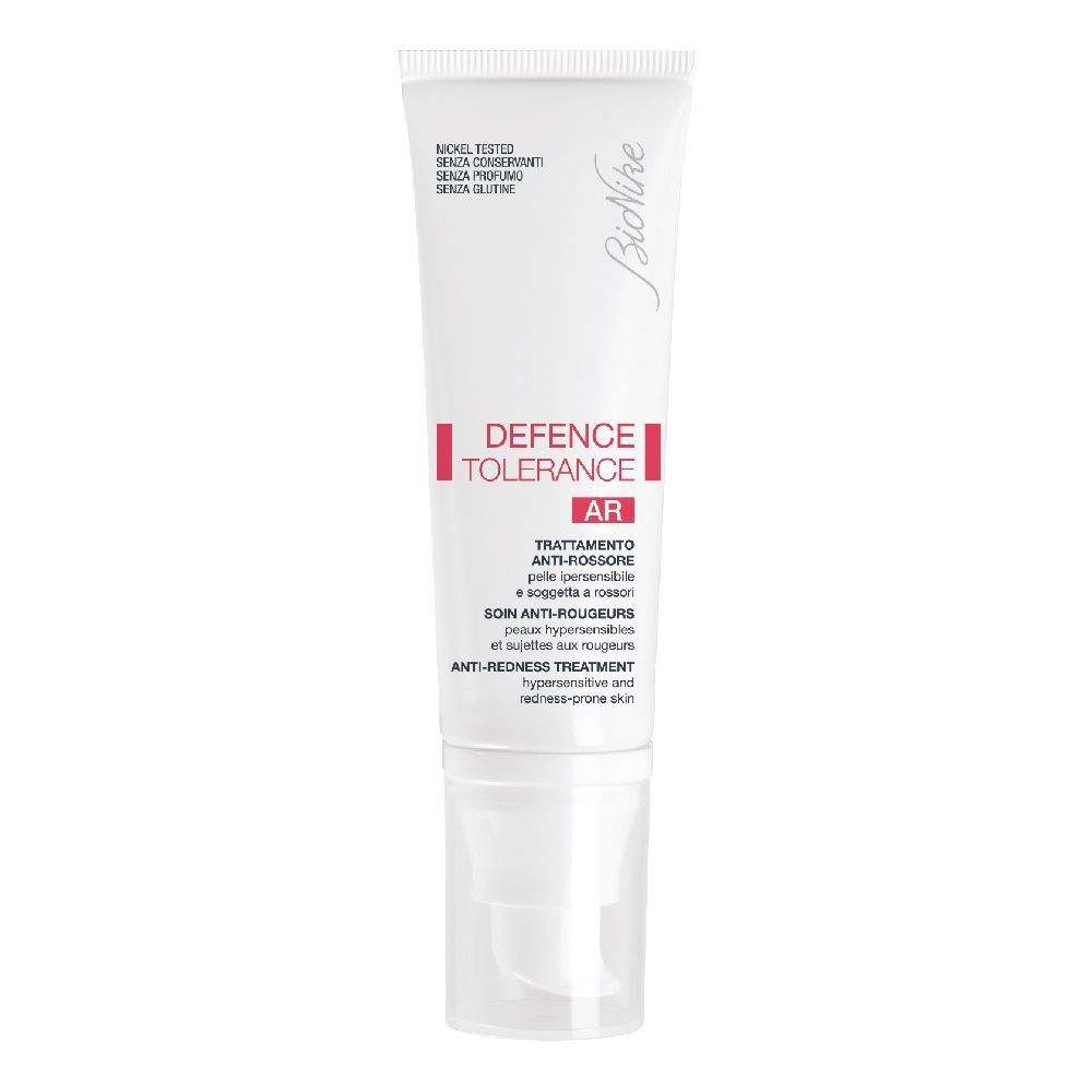 Tubo bianco con testo rosso. Visibili "DEFENCE TOLERANCE AR" e "BioNike". Con dispenser.