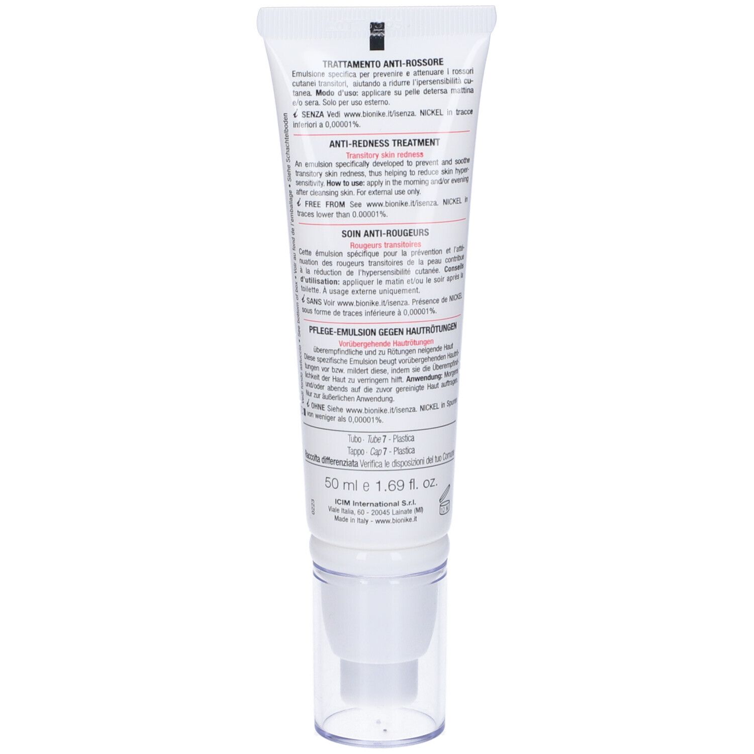 Retro del tubo. Testo multilingue. Visibili "50 ml e 1.69 fl. oz." e "BioNike".