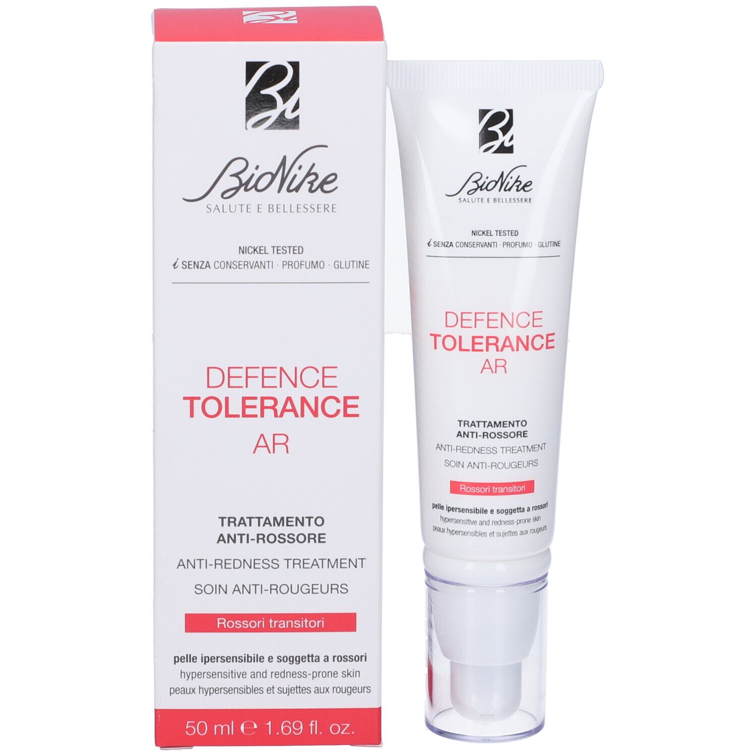 Confezione del prodotto con tubo. Visibili "DEFENCE TOLERANCE AR" e "BioNike". Colori rosso e bianco.