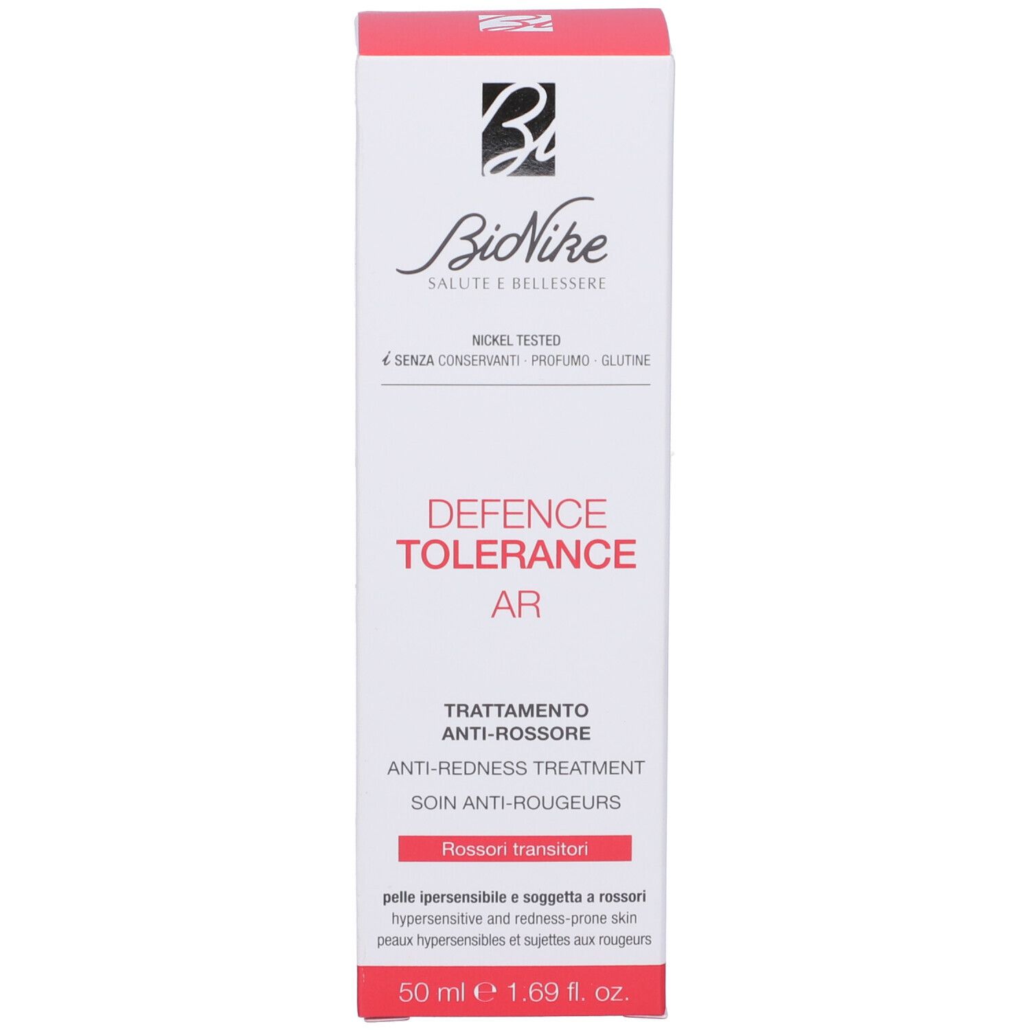 Confezione del prodotto. Visibili "DEFENCE TOLERANCE AR" e "BioNike". Colori rosso e bianco.