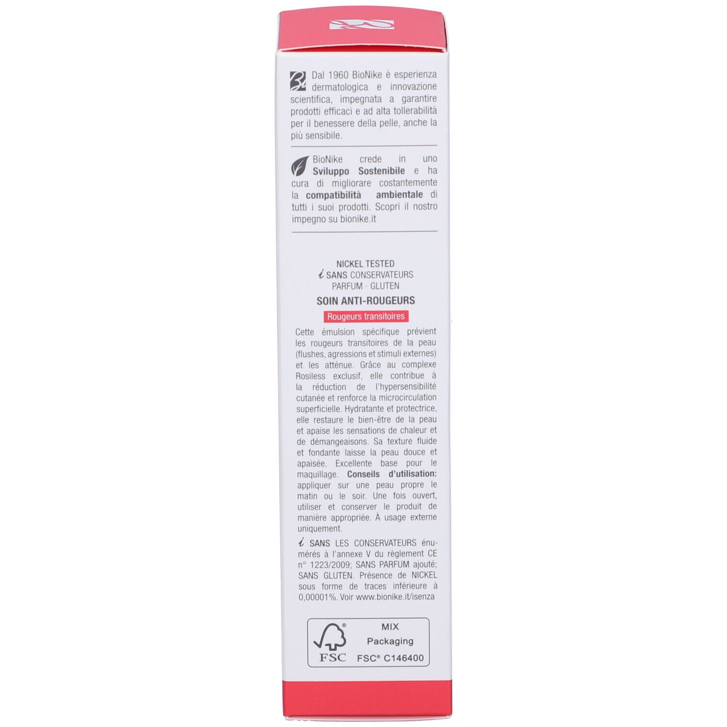 Confezione del prodotto. Testo multilingue. Visibili "BioNike" e loghi.