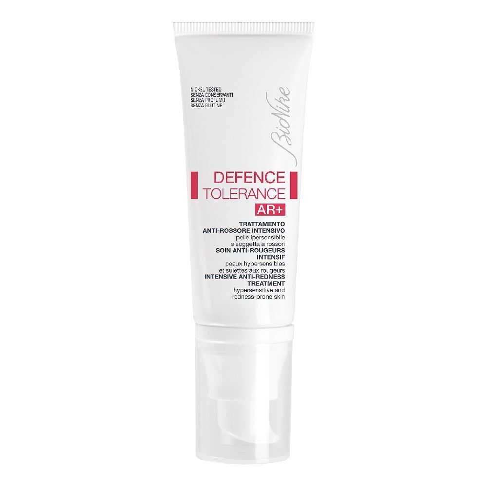 Tube blanc avec texte rouge. Contient une crème. Inscription: DEFENCE TOLERANCE AR+ Intensif. Marque: BioNike.