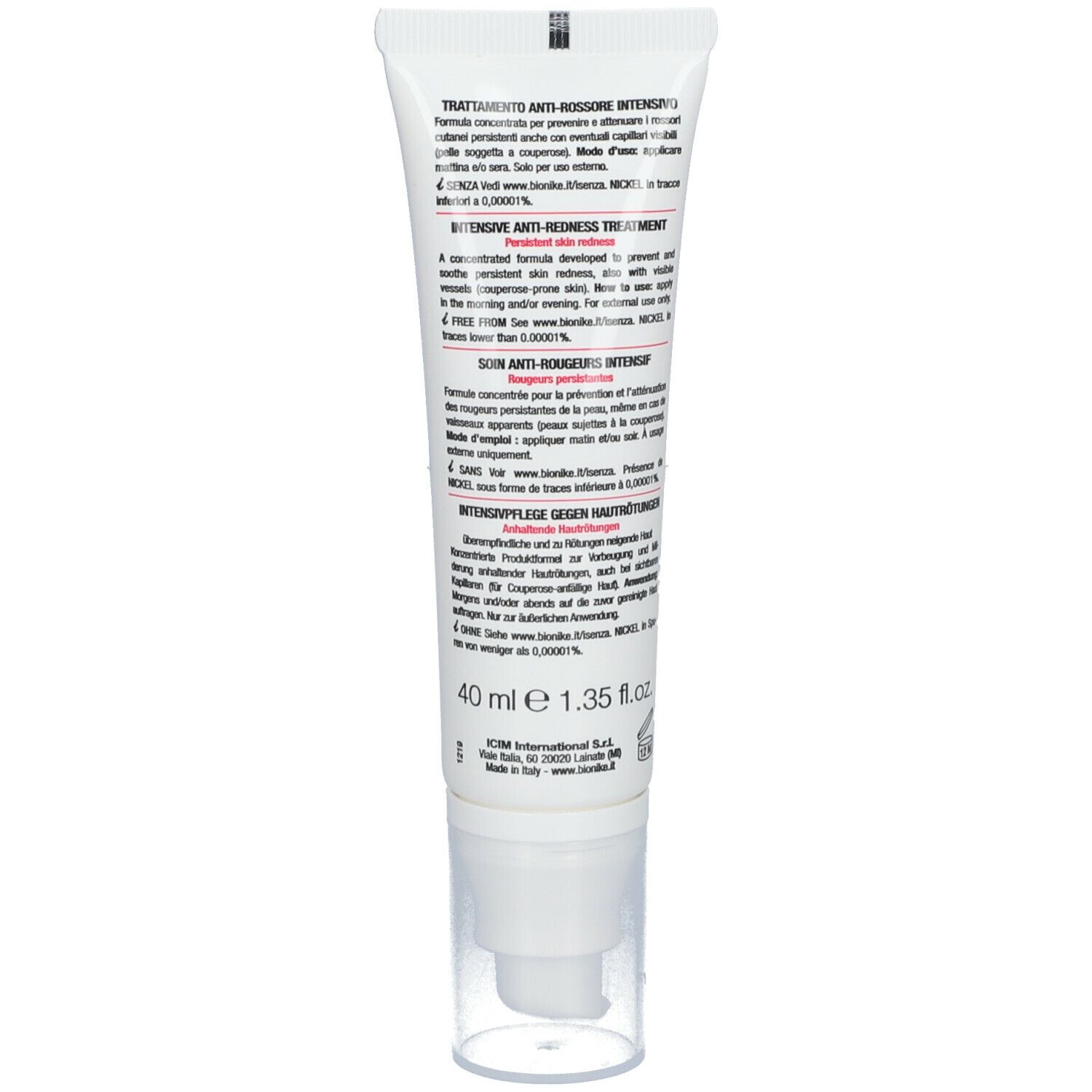 Dos d'un tube blanc. Texte en plusieurs langues. Contient 40 ml de crème. Marque: BioNike.