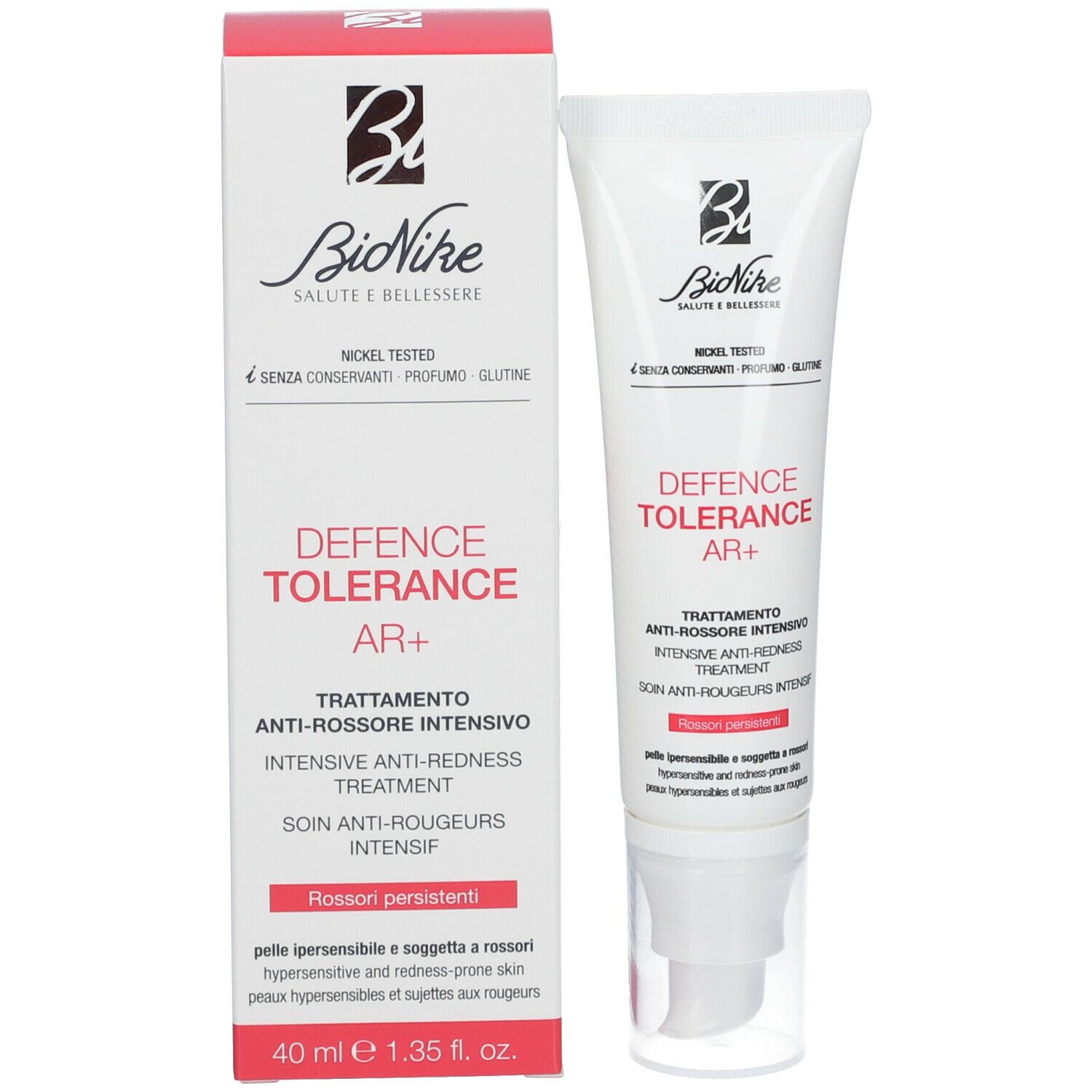 Emballage du produit avec tube. Tube et boîte avec texte rouge. Marque: BioNike. Contient 40 ml de crème.