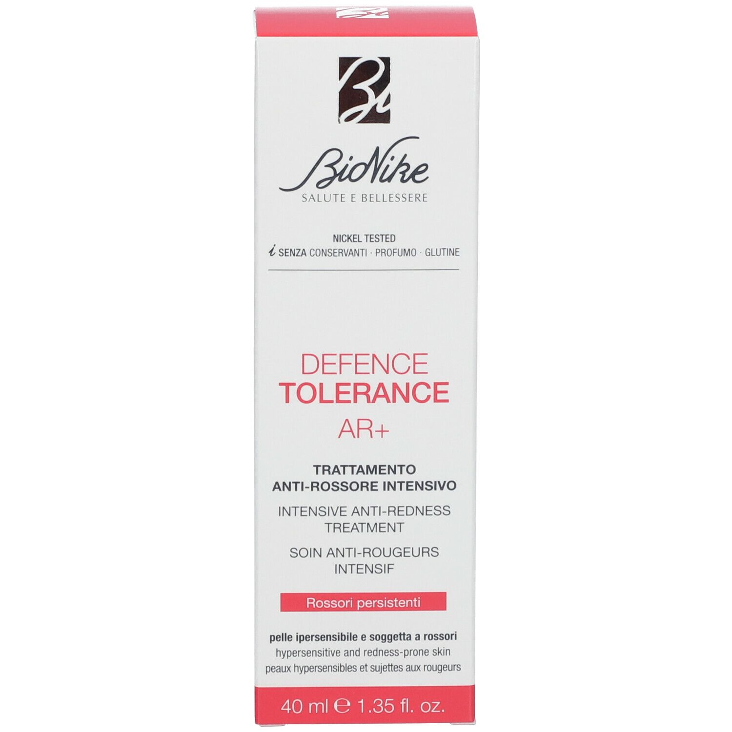 Emballage du produit avec texte rouge. Marque: BioNike. Contient 40 ml de crème. Inscription: DEFENCE TOLERANCE AR+ Intensif.