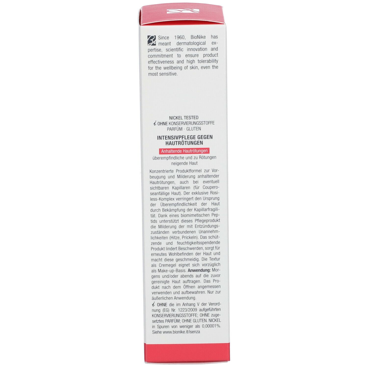 Emballage du produit. Texte en plusieurs langues. Marque: BioNike. Contient des informations sur le produit.