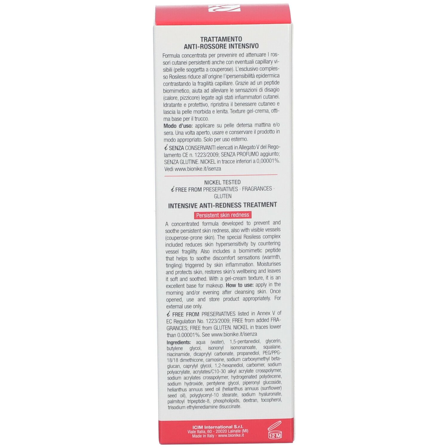 Emballage du produit. Texte en plusieurs langues. Marque: BioNike. Contient des informations sur le produit.