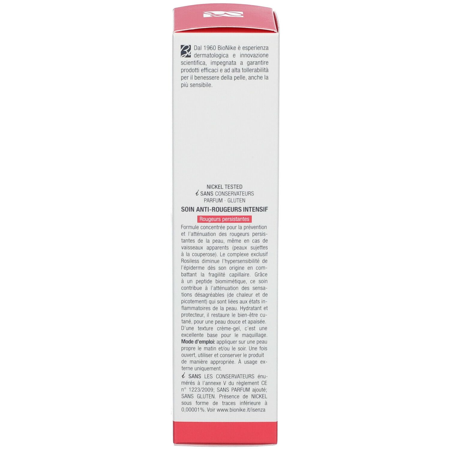Emballage du produit. Texte en plusieurs langues. Marque: BioNike. Contient des informations sur le produit.