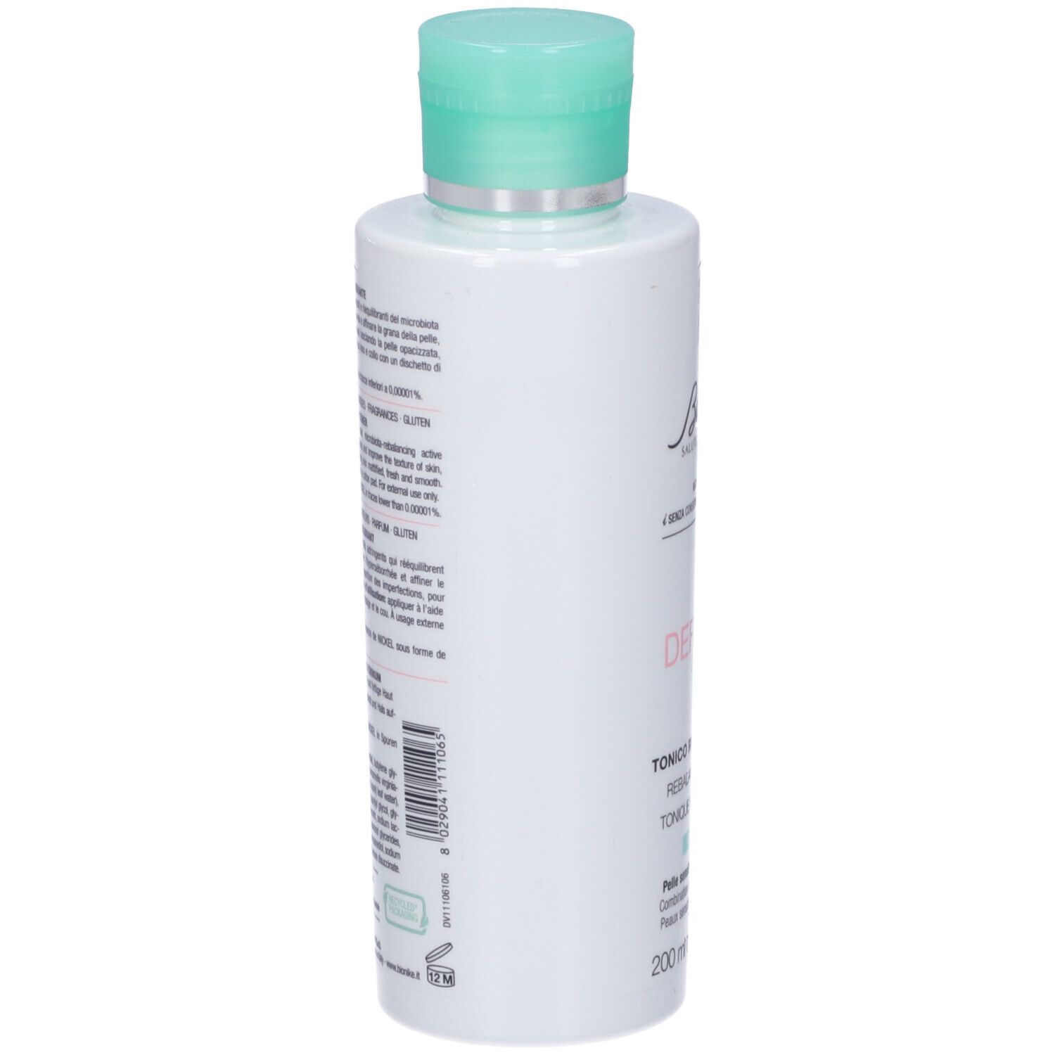 Weiße Flasche mit grünem Deckel. Rückseite mit Text. Marke BioNike. 200 ml.