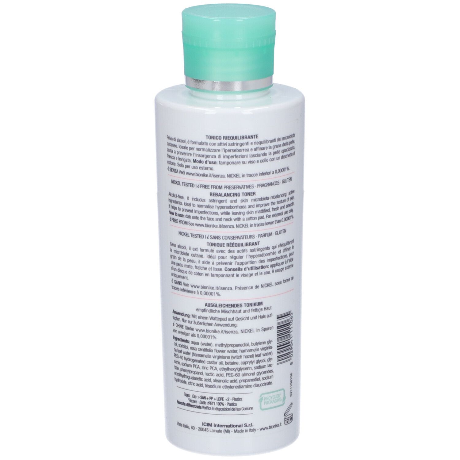 Weiße Flasche mit grünem Deckel. Rückseite mit Text. Marke BioNike. 200 ml.