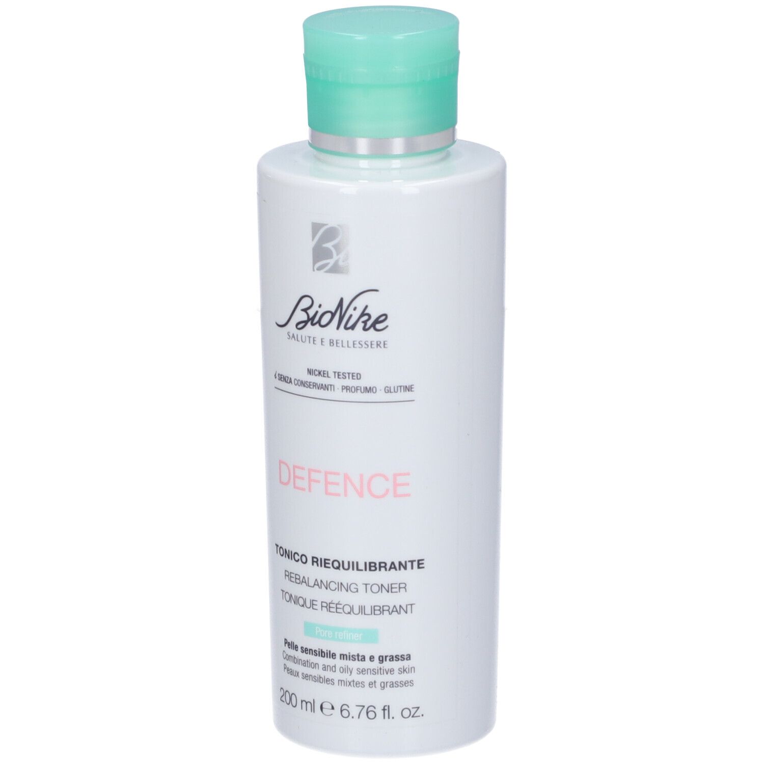 Weiße Flasche mit grünem Deckel. Aufschrift: BioNike, DEFENCE, Tonico Riequilibrante. Für Mischhaut. 200 ml.