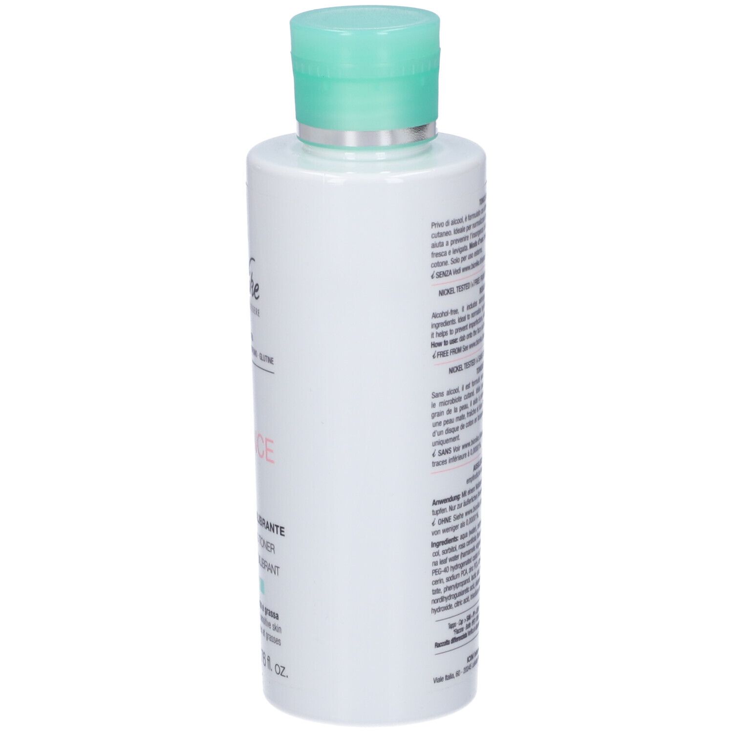 Weiße Flasche mit grünem Deckel. Rückseite mit Text. Marke BioNike. 200 ml.