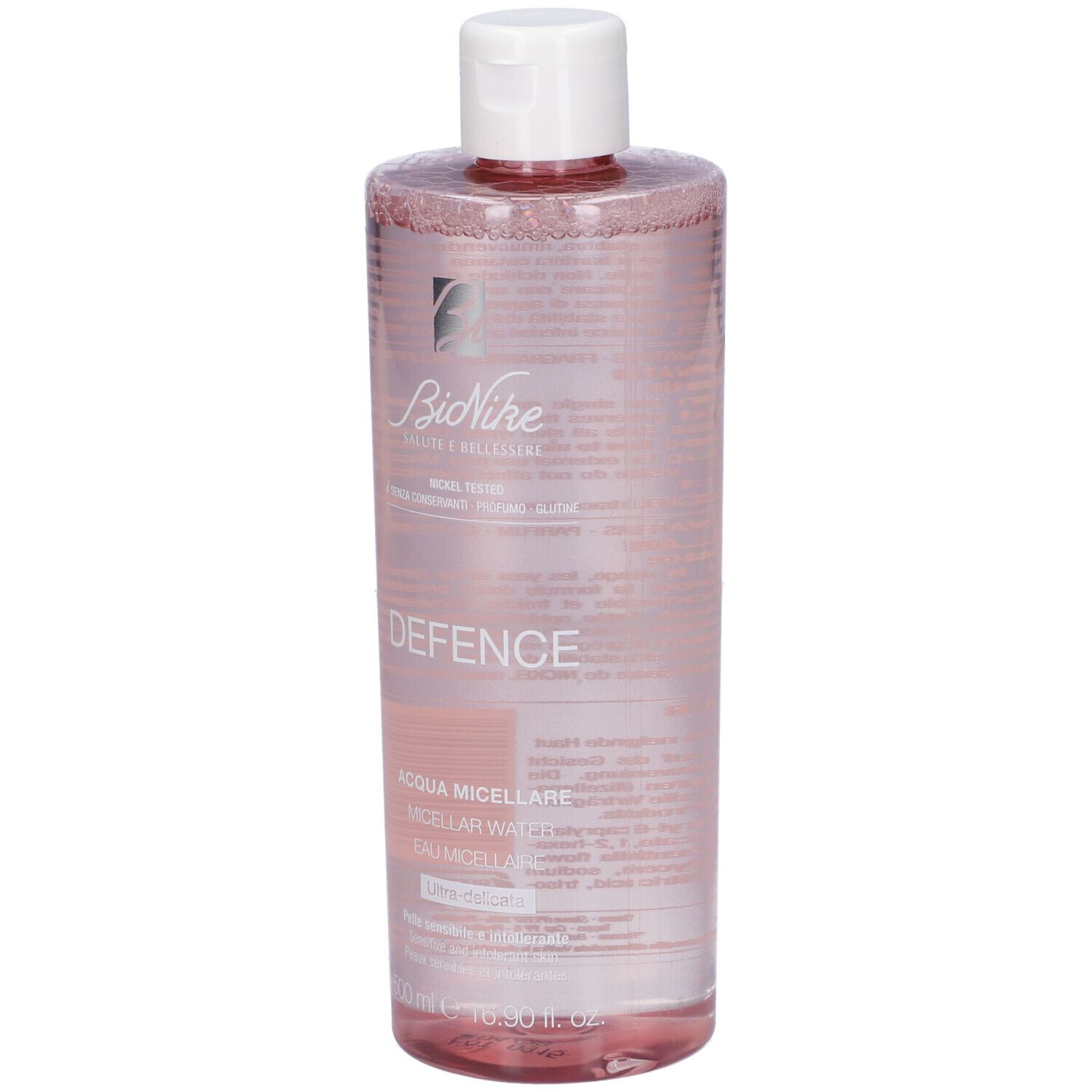 BioNike Defence Mizellenwasser, 500ml, klare Flüssigkeit in transparenter Flasche mit weißem Klappdeckel.