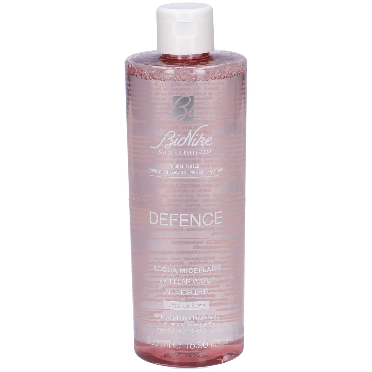 Bionike Defence Mizellenwasser in transparenter Flasche mit weißem Klappdeckel. Rosa Flüssigkeit.