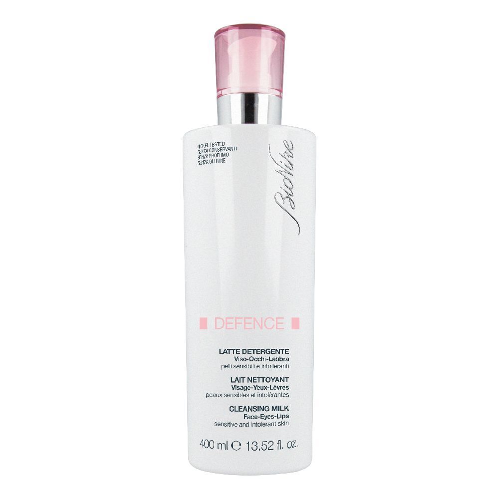 Flacone bianco con dettagli rosa. Testo: Defence, Cleansing Milk, 400 ml. Erogatore rosa. Marchio: BioNike.