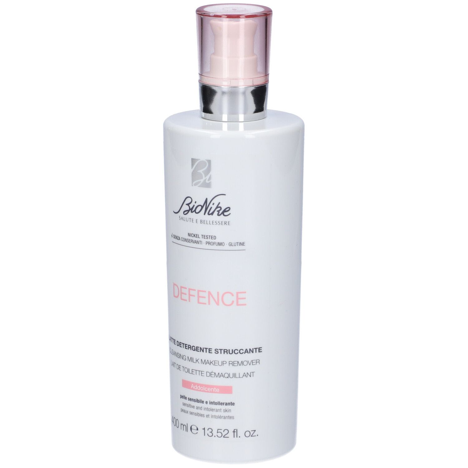 Flacone bianco con dettagli rosa. Testo: Defence, Cleansing Milk, 400 ml. Erogatore rosa. Marchio: BioNike.