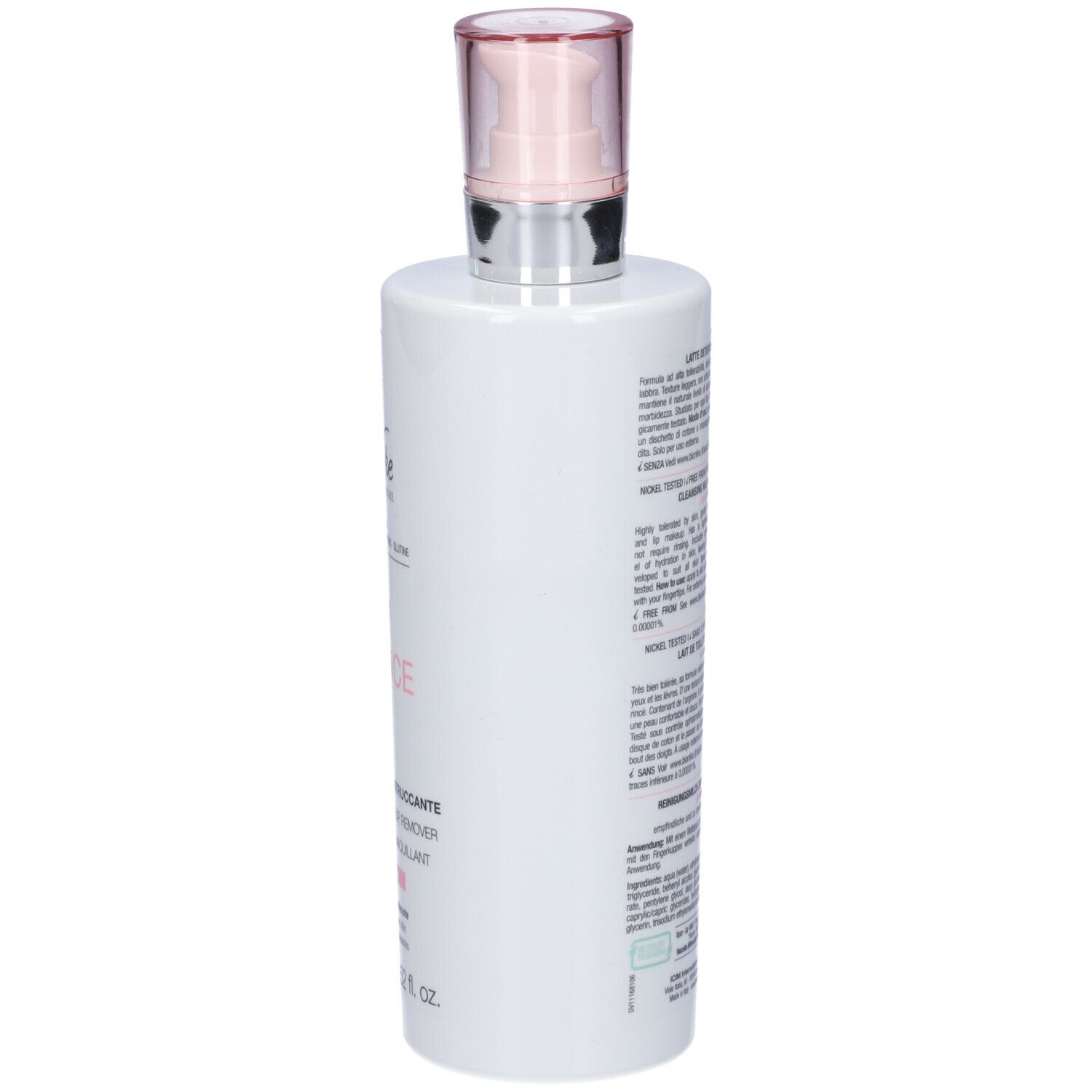 Retro di un flacone bianco con dettagli rosa. Testo: Defence, Cleansing Milk, 400 ml. Erogatore rosa. Marchio: BioNike.