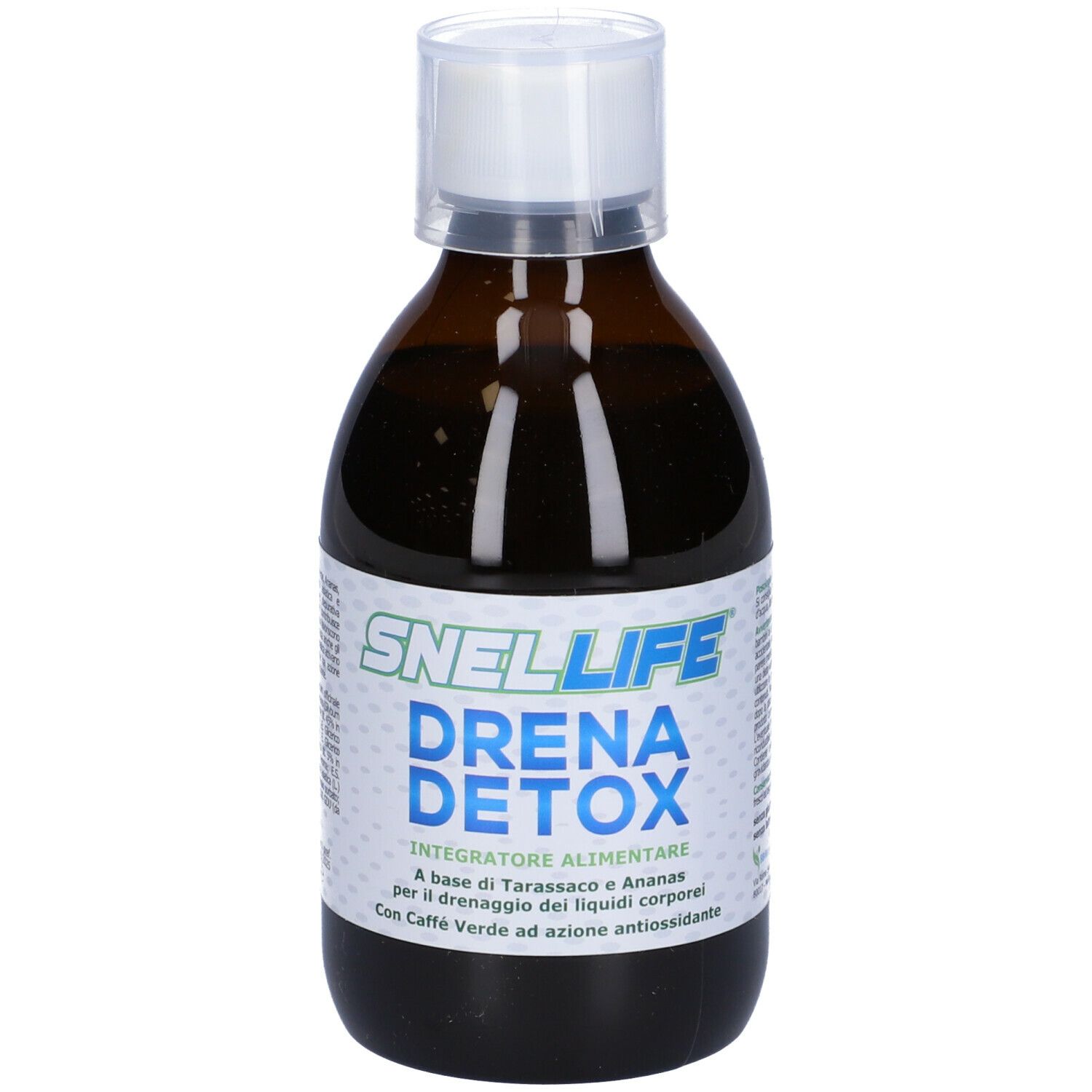Bottiglia marrone con tappo bianco. L'etichetta riporta Snellife Drena Detox.