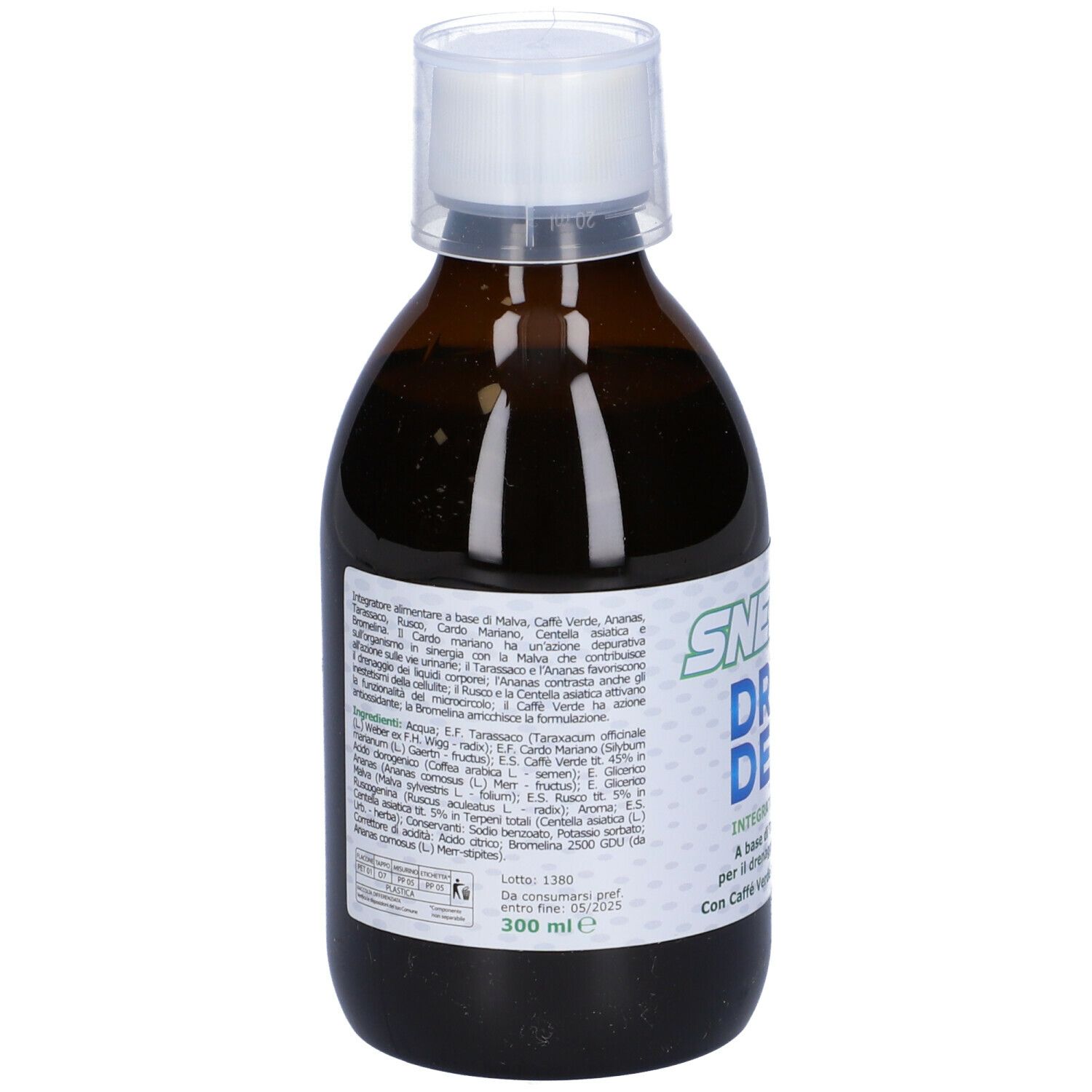 Retro di una bottiglia marrone con tappo bianco. Etichetta con testo, tra cui 300 ml.
