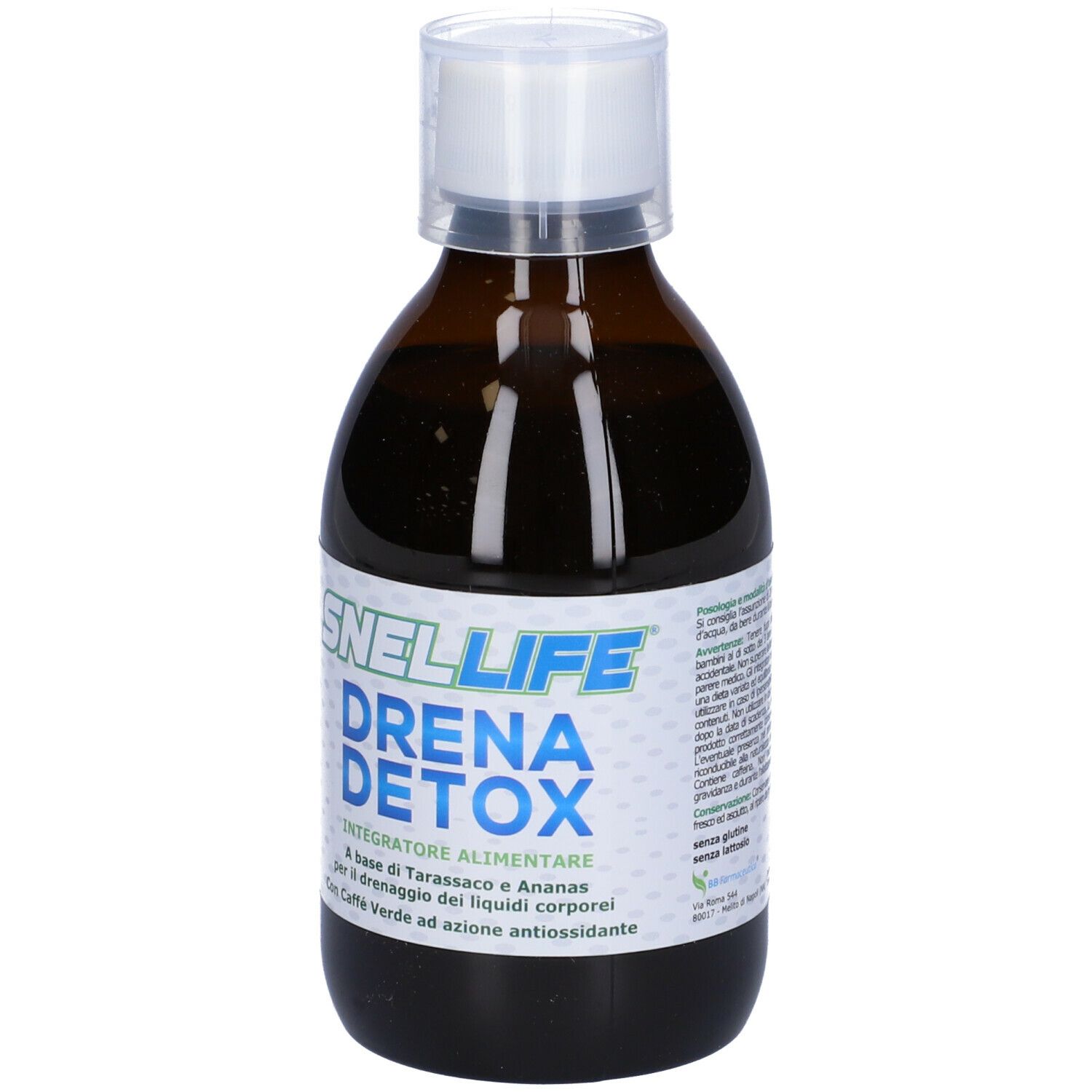 Bottiglia marrone con tappo bianco. Etichetta con Snellife Drena Detox e altri testi.