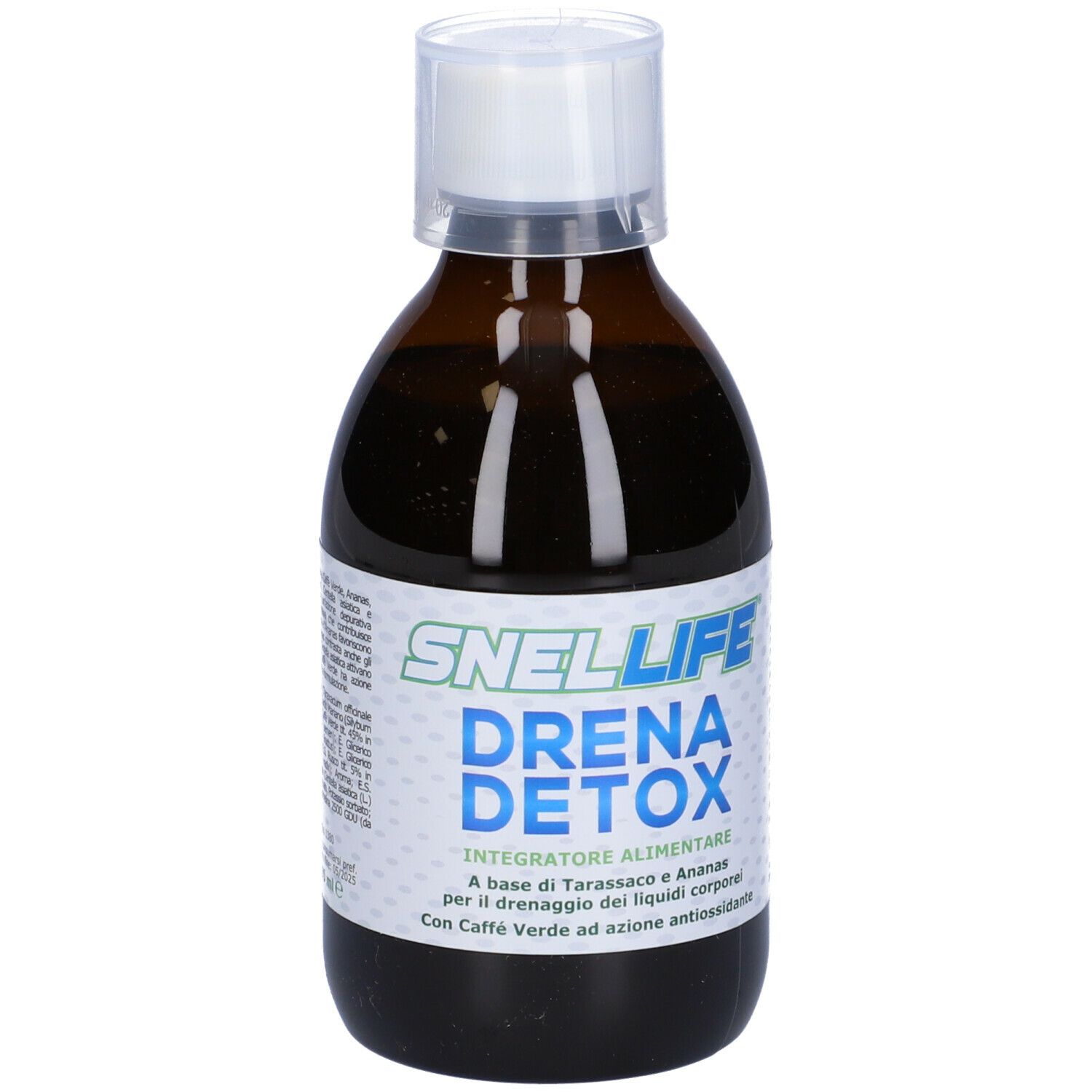 Bottiglia marrone con tappo bianco. Etichetta con Snellife Drena Detox e altri testi.