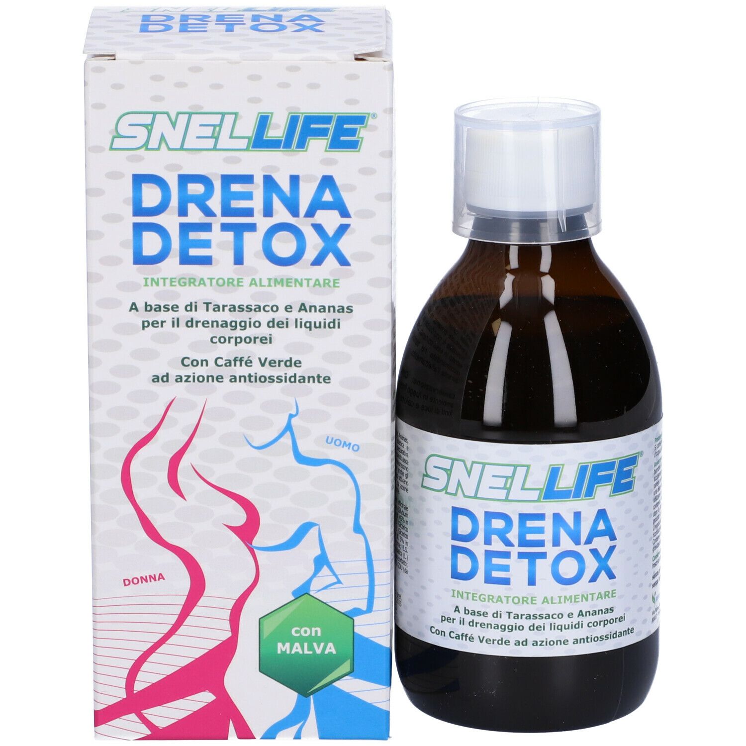 Confezione del prodotto e bottiglia. Sulla confezione c'è scritto Snellife Drena Detox.