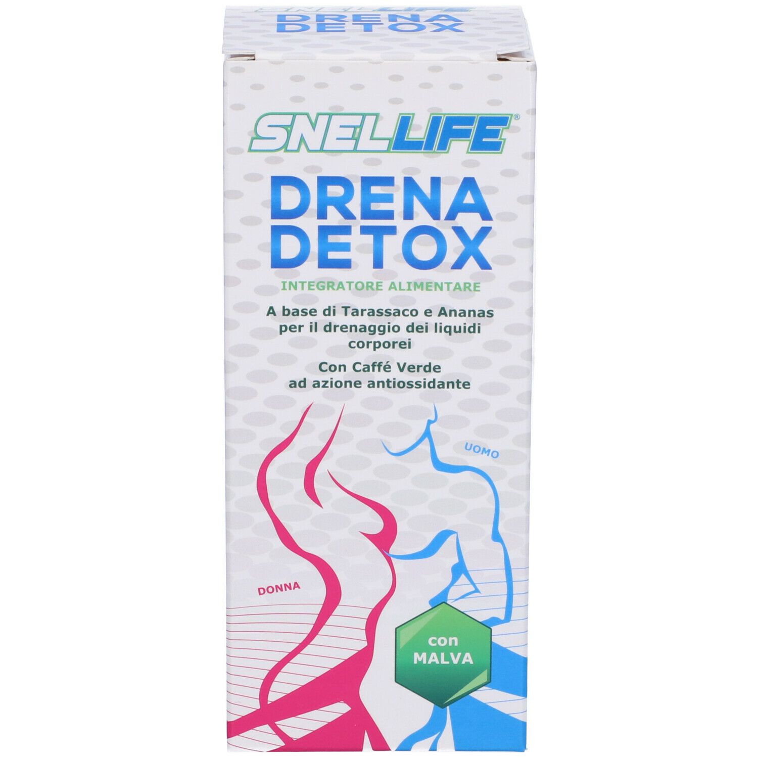 Confezione del prodotto. Sulla confezione c'è scritto Snellife Drena Detox.