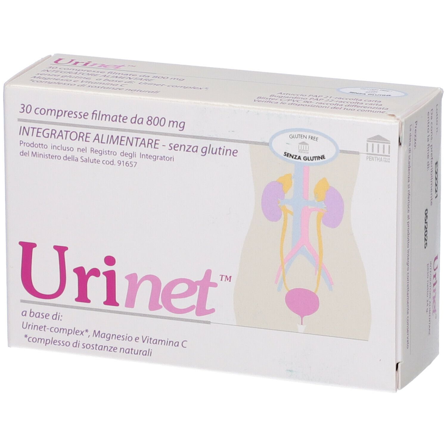 Scatola di compresse Urinet. Scritta: 30 compresse rivestite, 800 mg. Senza glutine. Illustrazione del sistema urogenitale.