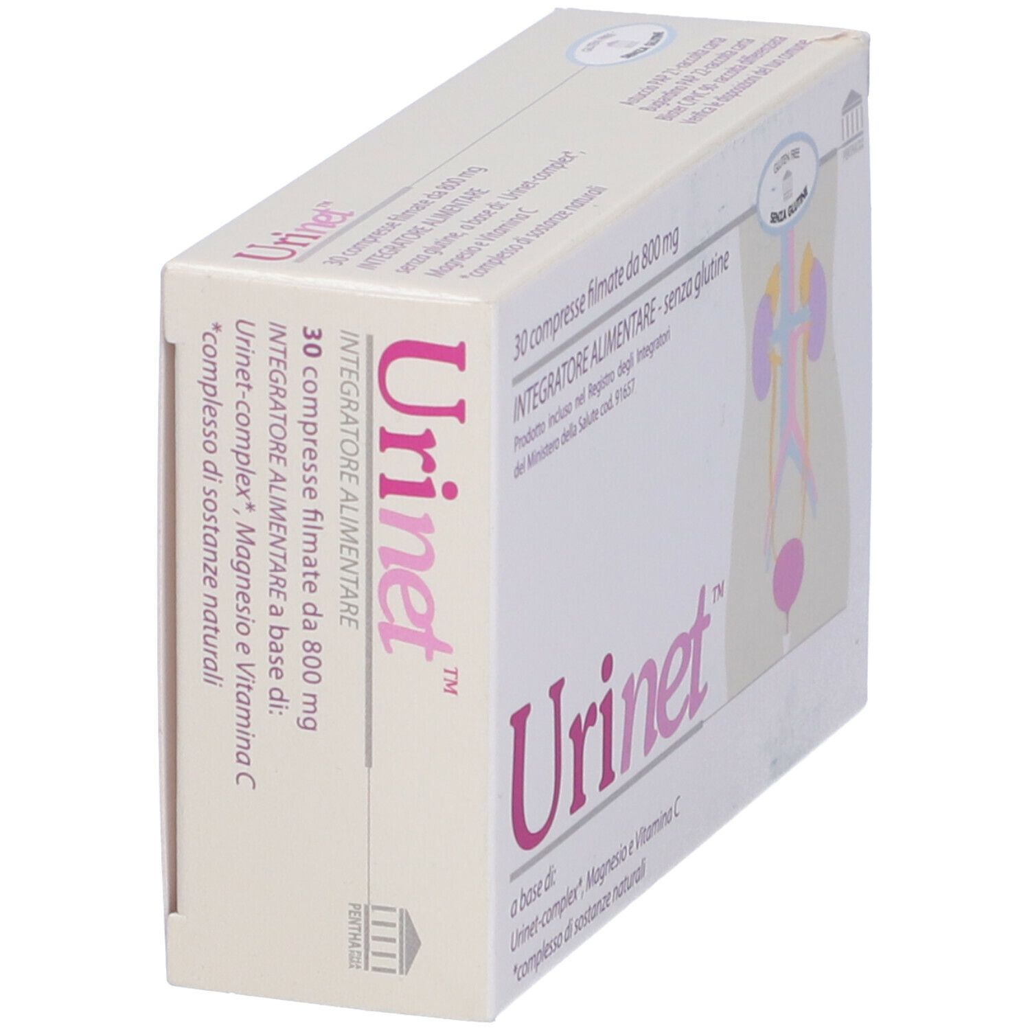 Scatola di compresse Urinet in prospettiva. Scritta: 30 compresse rivestite, 800 mg. Senza glutine. Nome del prodotto e logo.