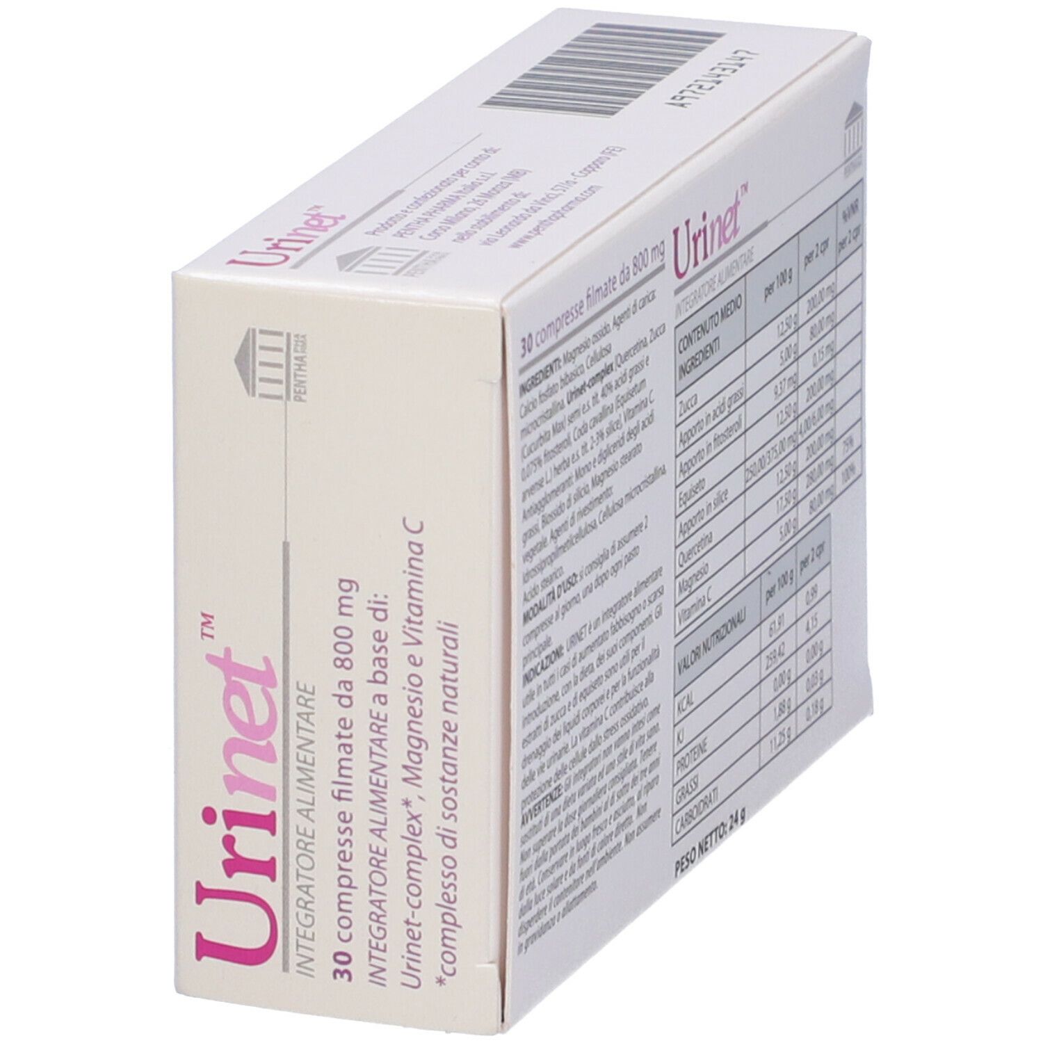 Scatola di compresse Urinet in prospettiva. Scritta: 30 compresse rivestite, 800 mg. Senza glutine. Nome del prodotto e logo.