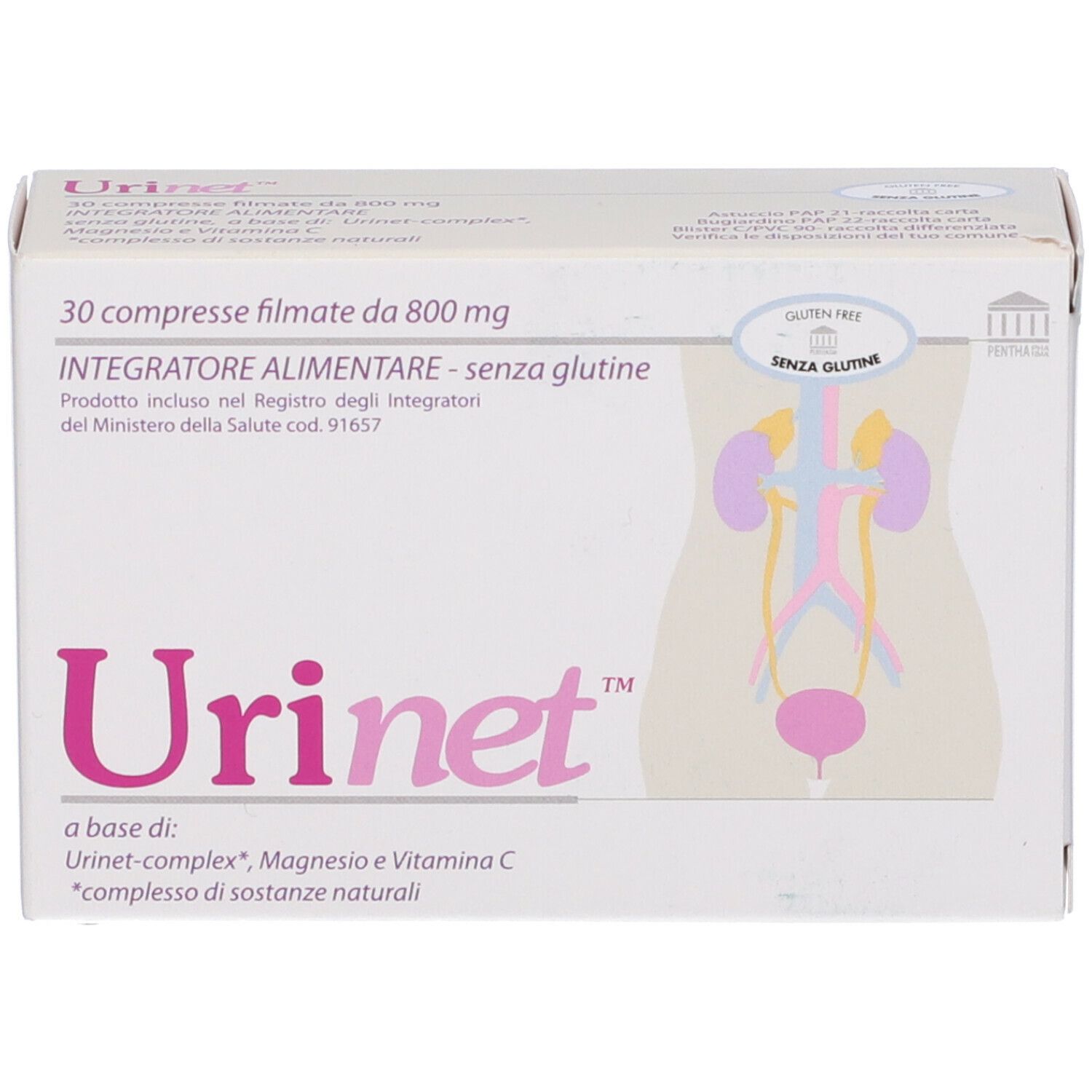 Scatola di compresse Urinet. Scritta: 30 compresse rivestite, 800 mg. Senza glutine. Illustrazione del sistema urogenitale.