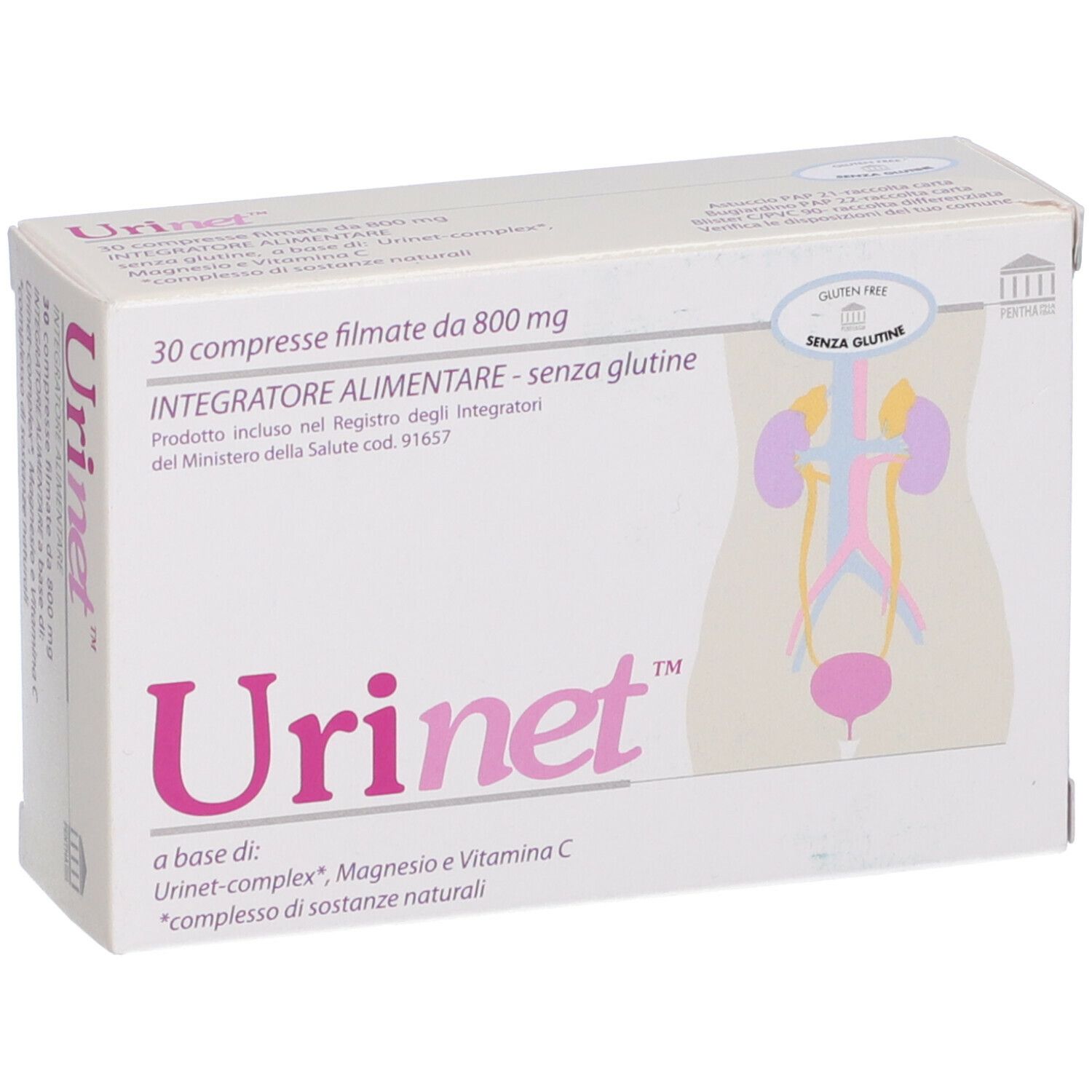 Scatola di compresse Urinet. Scritta: 30 compresse rivestite, 800 mg. Senza glutine. Illustrazione del sistema urogenitale.