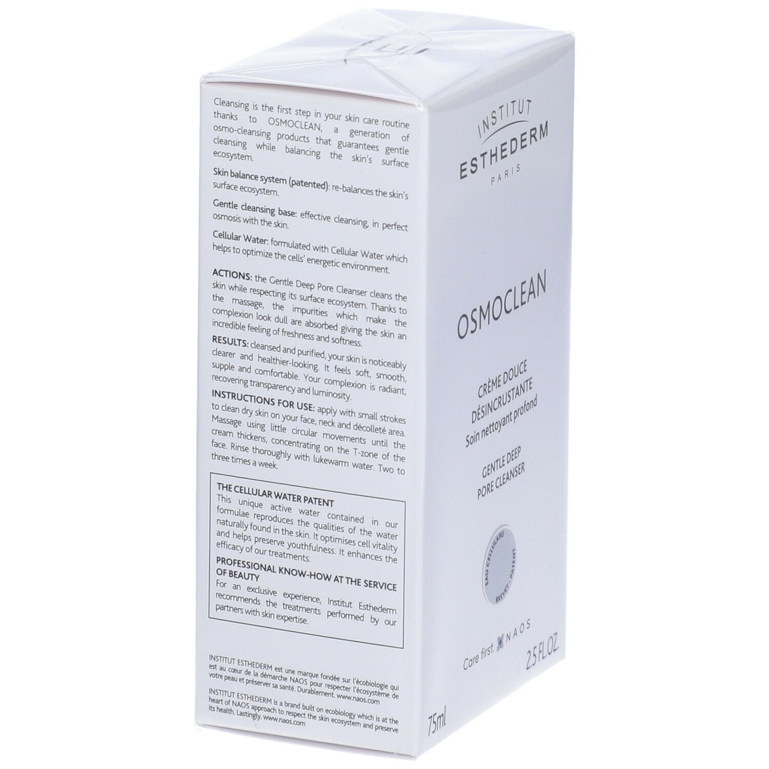 Confezione bianca, vista laterale. Testo: Osmoclean, Crème Douce Désincrustante, Gentle Deep Pore Cleanser. Informazioni e istruzioni.