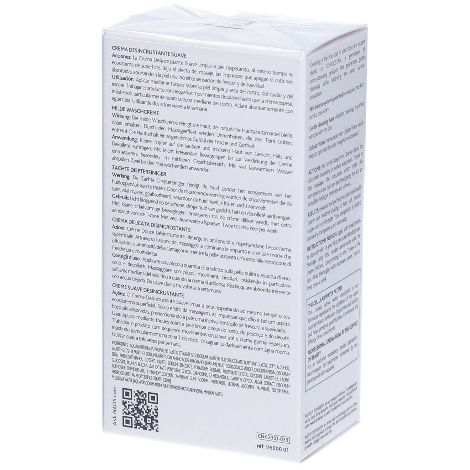 Confezione bianca, retro con testo multilingue. Codice QR e informazioni sul prodotto.