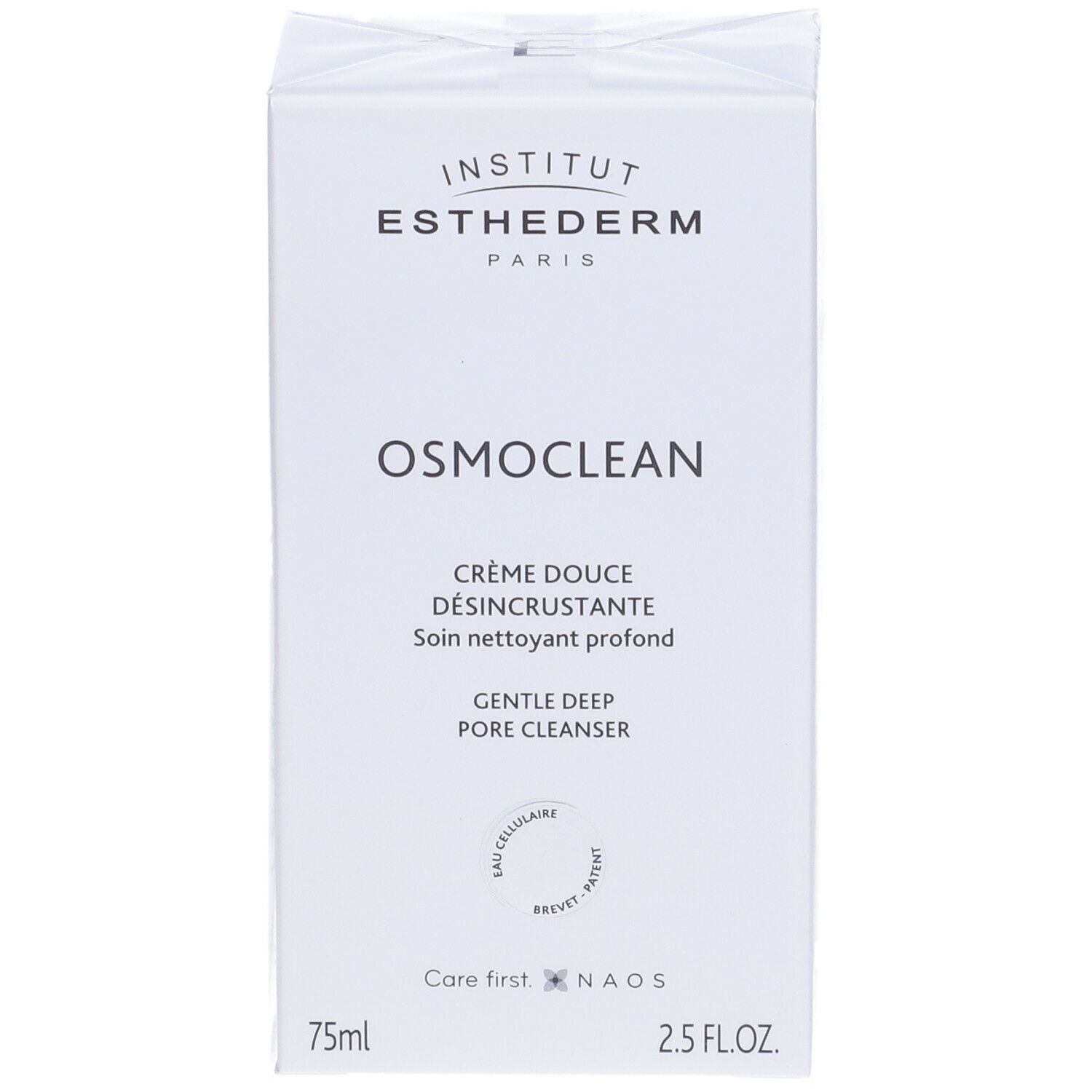 Confezione bianca con nome del prodotto e del marchio. Testo: Osmoclean, Crème Douce Désincrustante, Gentle Deep Pore Cleanser. 75ml, 2.5 FL.OZ.