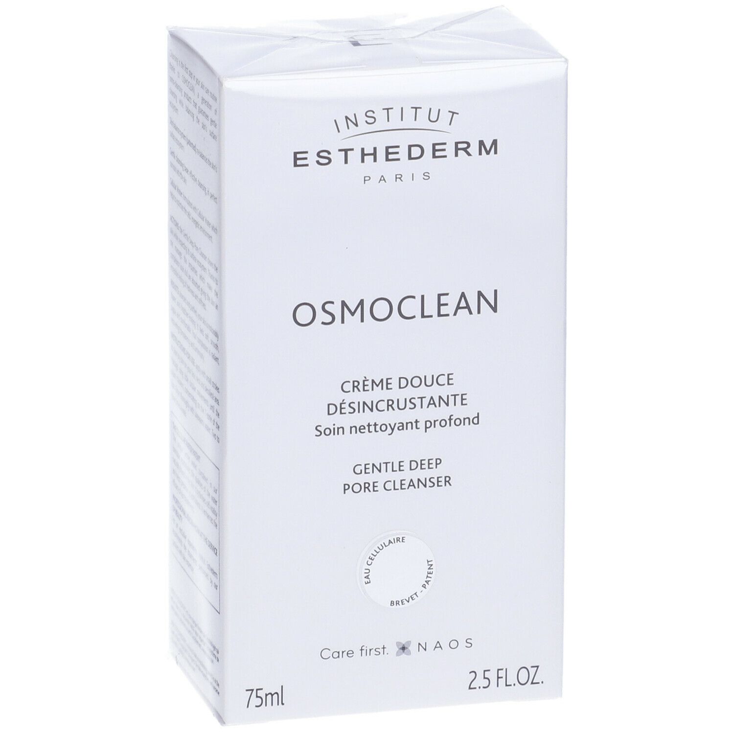 Confezione bianca con nome del prodotto e del marchio. Testo: Osmoclean, Crème Douce Désincrustante, Gentle Deep Pore Cleanser. 75ml, 2.5 FL.OZ.